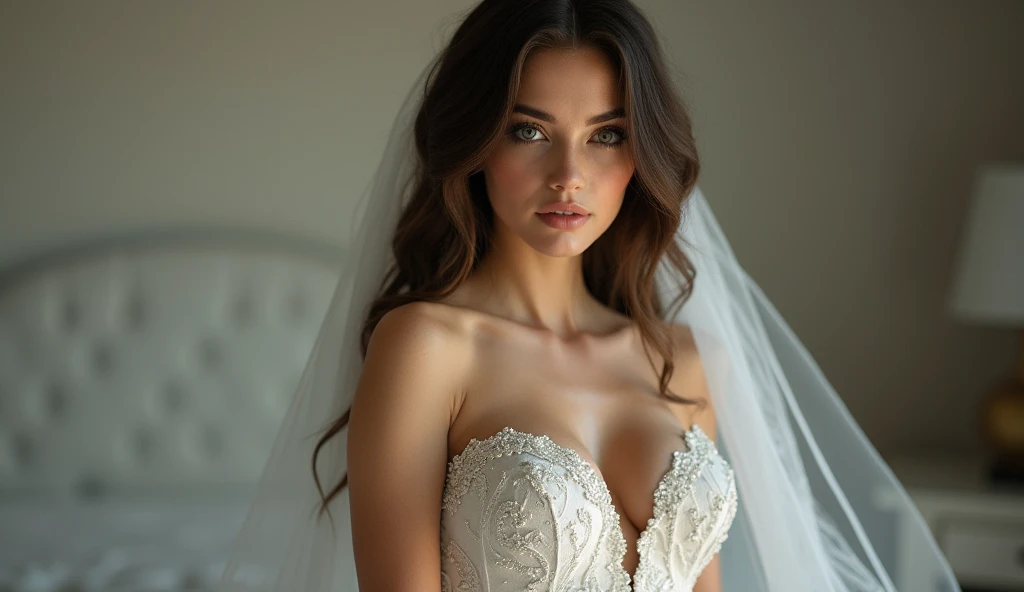 Alejandra Guilmant wearing nude veil bride tiara corset costume transparent. professionally retouched, soft lighting, realistic, smooth face, perfect eyes, sharp focus on eyes, 8 k, high definition, insanely detailed, intricate, elegant. be in the bedroom.