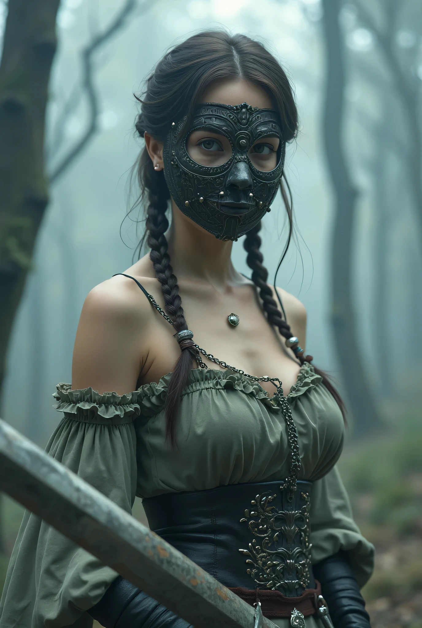 (8k, top quality, masterpiece), ( is present , photo is present : 1.37), very detailed, one girl , { Sylvain Watch with a sword pattern }, Wide angle , Big bouncing breasts , Very delicate depiction , Miniature Paint , detailed depiction of short braided hair , correct skeleton, Made with 、 Short Braided Hair , Chain with Braids , Long Thick Sword 、 dreamy ,超 is present な混合ファンタジー世界, is present 要素と幻想的要素の組み合わせ ( Forest of Swirling Fog :1)、 get ready to fight with swords 、 Wear an Intricate, Detailed Iron Mask 、 Wear a Mask 、 facing the camera