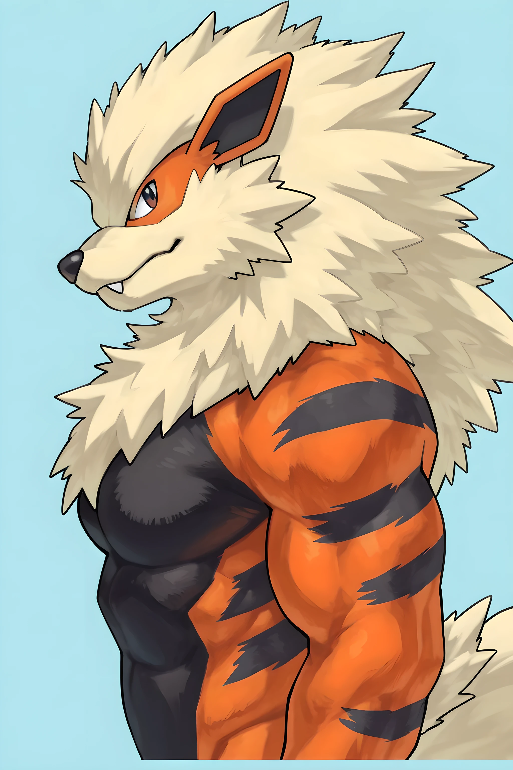 zzArcanine, arcanine, no humans, pokemon (creature), flat color, male, muscular, shirtless, simple background, looking at viewer, anthro, black stomach, black chest, half body, posing, (side view, from side), bedroom eyes