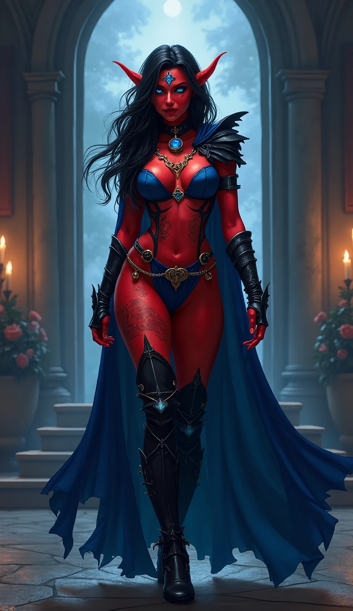 sehele style, anime style, (((tiefling))) paladin with (((crimson red skin))) and (((blue, smoldering eyes))). Her (((horns curve elegantly backwards))), 8k, 4k, Unreal Engine 5, octane render, trending on pixiv, fanbox, skeb, masterpiece, smooth soft skin, big dreamy eyes, beautiful intricate colored hair, anime wide eyes, soft lighting, concept art, digital painting, naked, nude, holding a sword