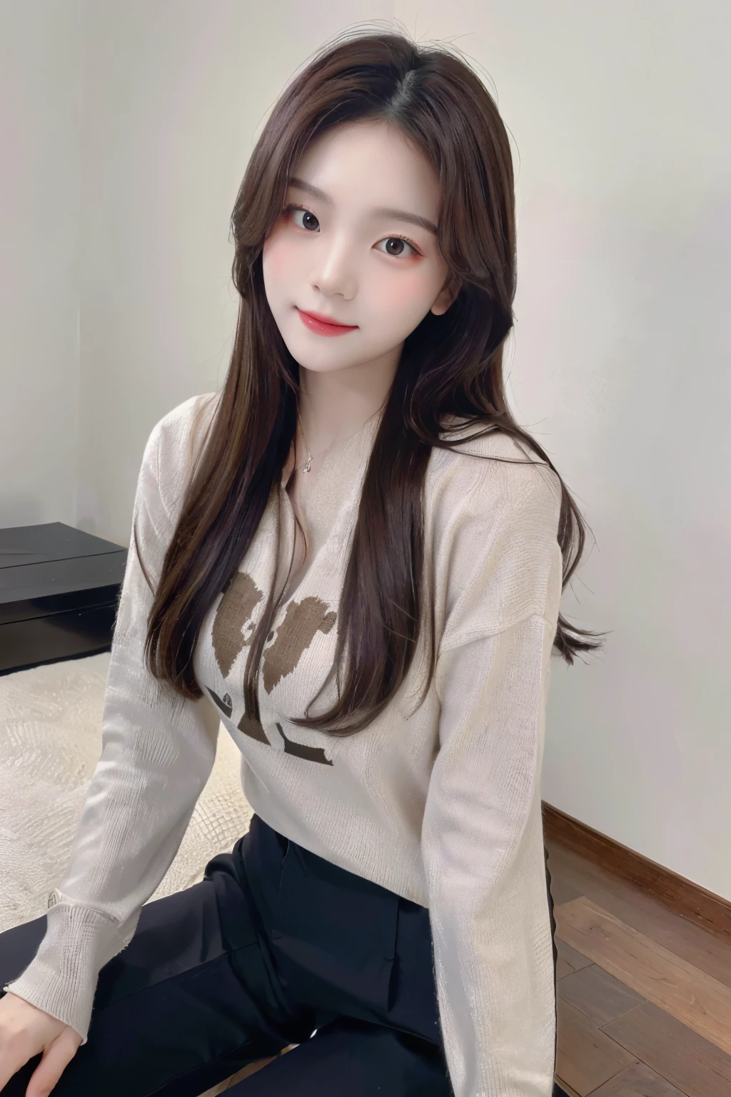 ((Masterpiece, high resolution, ultra detailed, 8k, raw photo)), 1 girl, graceful, soft skin, delicate face, perfect face, perfect eyes, (lying silkworm), brown hair, long hair, long sleeved t-shirt, cargo pants, random pose, sexy girl, (smile: 0.7)