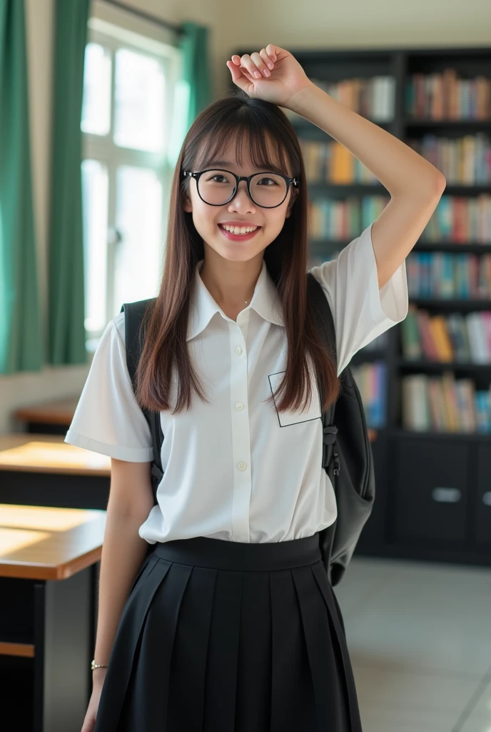 8k, masterpiece, Ultra high quality, Intricate details, original photo, Very detailed, original photo, best quality, A beautiful girl, 18 years, Smile, Wear a school uniform, white button shirt (school badge:1.2), Cleavage, Small chest, ((Grey mini skirt:1.3)), Glasses, ((Sitting Front view:1.5)), ((bare legs pose:1.2)), (sitting on a classroom chair:1.5), Front view:1.5, Blurred background, Depth of Field, (Lift your skirt, Showing my white panties:1.1), full body photo, open toe high heels, slim, Slender legs, slim肌肉發達的身體, Small chest, curls, gray brown hair, ((Front view:1.5)),camel toe, Front soft light,1 girl ,alone,beauty,1 girl