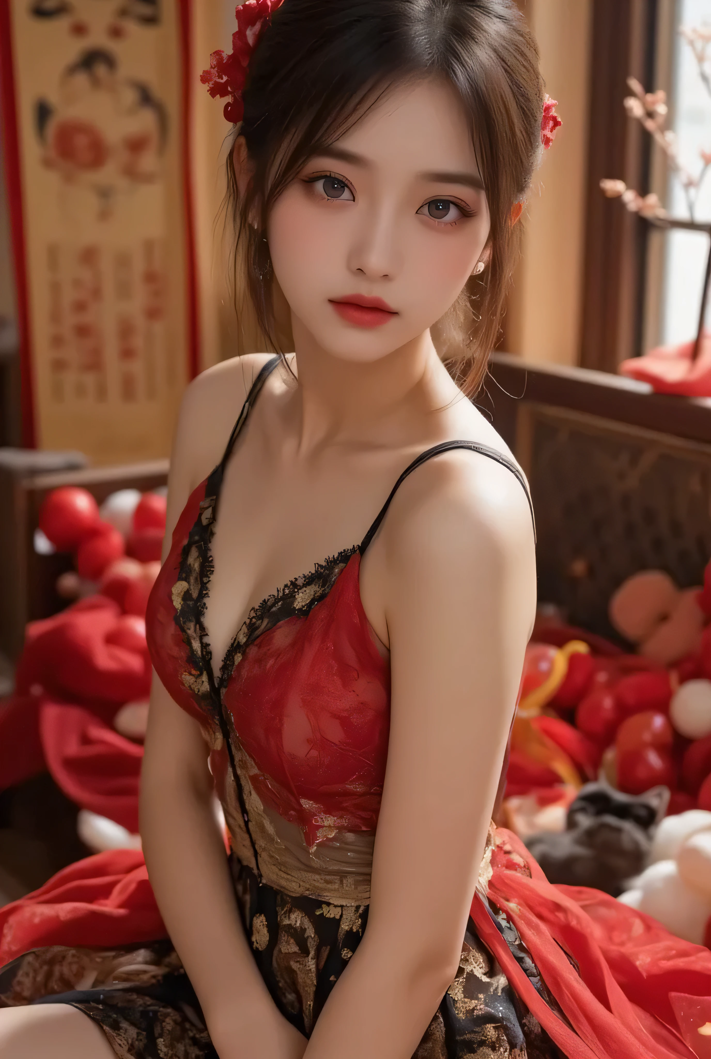 1 empress wearing a lace top, deep-breasted nightgown, Chinese-style clothes, ancient costumes with many phoenix patterns, flawless pink and white face, crowned head, hip-length black hair , very beautiful and sharp brown eyes, small red lips, painted lips, closed mouth, jewelry worn around the neck, earrings, white and even teeth, high nose, big round breasts, long legs, portrait, most realistic, highest quality, best pixels, 8k ultra , (bedroom: 1.8)