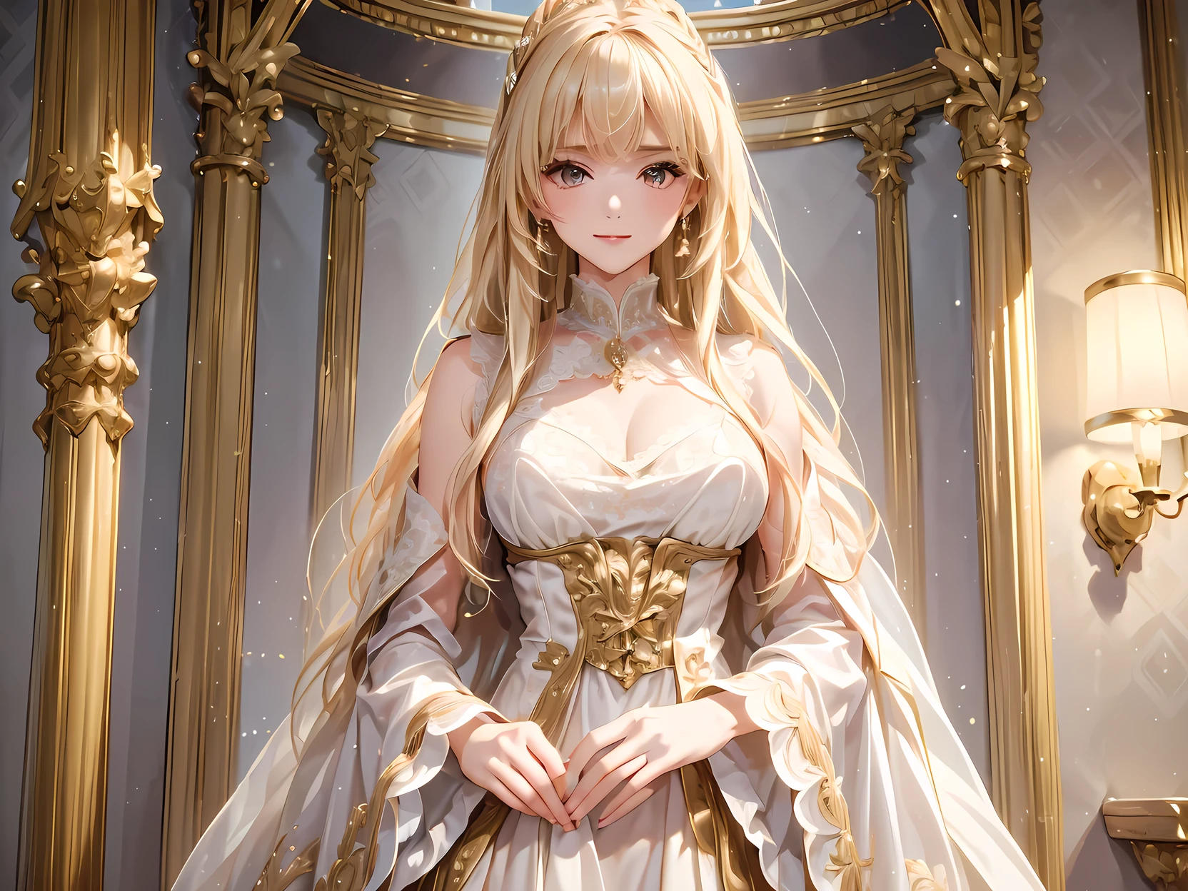((( best quality, 8k, masterpiece: 1.3)), (( best quality)), ((masterpiece)), ( Details), perfect face, perfect body through Ngs, ( Details skin:1.3), (Complex Details), and her rich drapes create a gorgeous scene of brilliance {x} An elegant queen with elegant blond hair gathered in an elaborate updo、 posing for portraits , decorated with intricate lace . like a wall praises her presence As if , posing for portraits , ribbon, Delicate embroidery, royal elegance in this exquisite portrait . with a gentle smile full of elegance and confidence , the atmosphere is full of admiration and grandeur . around her , Luxurious gold furnishings , Tall windows, she is wearing a splendid pink and white gown , embodies the pinnacle of royal fashion . standing alone in a luxurious palace room , calculating attitudes , her expression is soft and calm .