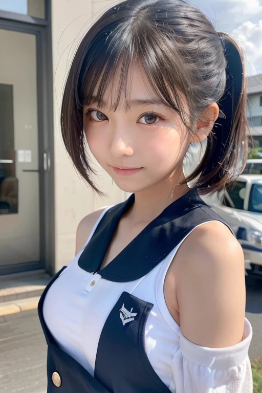 absurdres, (masterpiece, best quality), (ultra-detailed), extremely detailed,super high resolution, (Top Quality photorealistic Illustration), (Super Definition), (best quality,masterpiece:1.0),(cute illustration), (high Saturation:1.2), highres, ultra-detailed, 32k,8k resolution, intricate details, cinematic scene, detailed background, Soar (High chroma),(Sparkling),bathroom, depth background, in the sandy beach, ocean, splashing, blue sky, windy, rim light, sunlight, beautiful lighting, strong light,BREAK (1 girl) (kawaii), (cute), Beautiful and delicate eyes, Delicate and beautiful face, Facial accents, Perfect figure,(open shirt), (show off small nipples), (small areolas), Uniforms、bright expression、short bowl cut、Young shiny shiny white shiny skin、Best Looks、Natural black hair with dazzling highlights、shiny light hair, (short hair), silky straight hair、Beautiful bangs that shine、Double eyelids、eye liner、Glowing crystal clear attractive big brown eyes,(Very beautiful nice cute 14 year old Nordic girl)