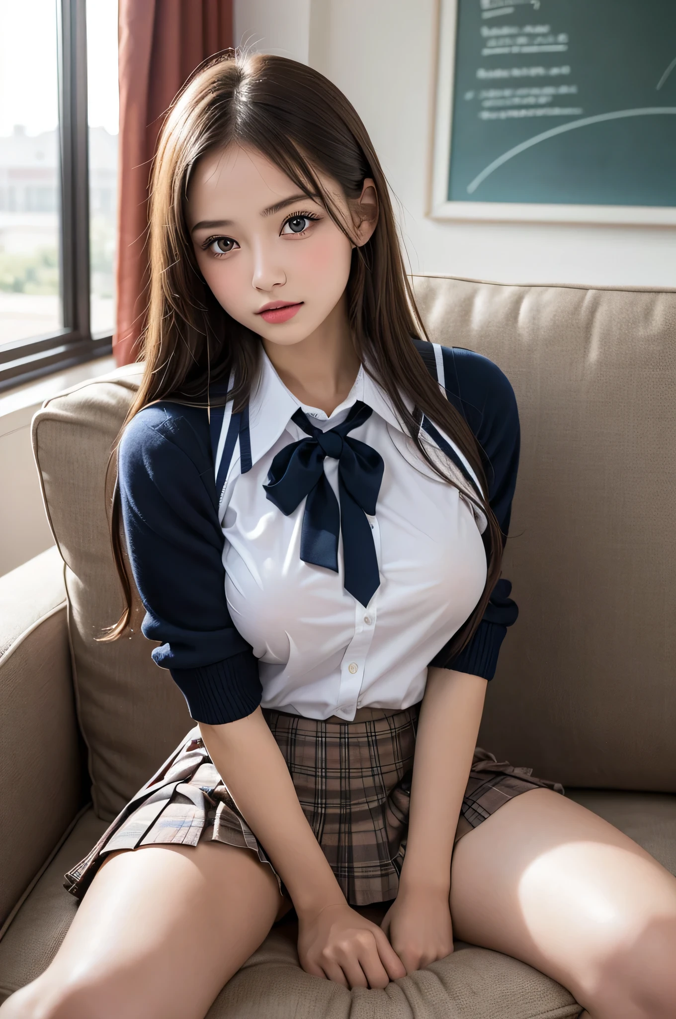 masterpiece、High resolution、Japanese、Pretty Girl JC、short、Please sit down、Show me your underwear、Detailed white panties, Cute light panties((school uniform、blouse、Check skirt)), Spread your legs obscenely、Panties digging into my crotch、Young Face、She seduces you with her lasciviousness、ばだけたblouseから見える乳房