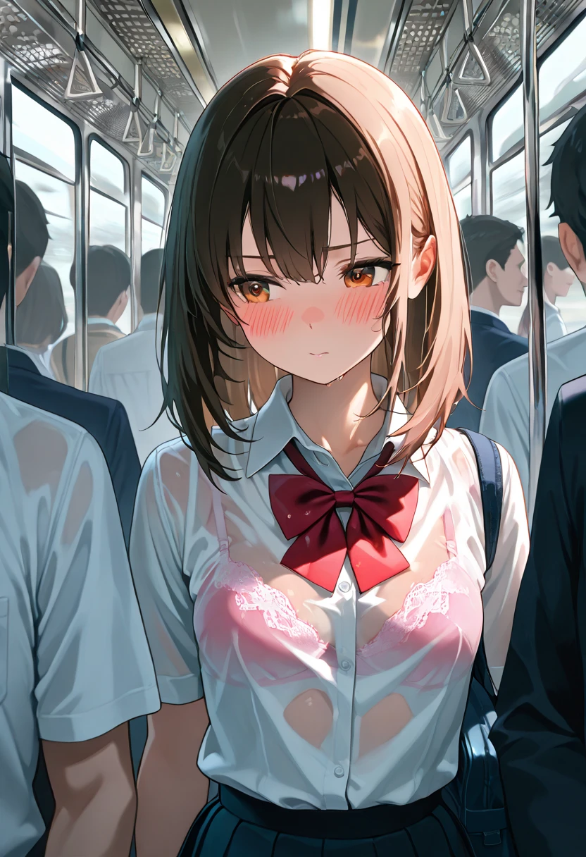 (NSFW)、(((Masterpiece、Detailed、Highest quality、Realistic texture、Tabletop)))、((Big Breasts))、((Brown Hair、short hair、blue eyes))、(((crowded train)))、(((White short sleeve shirt)))、tits、(((Blue tie、Navy Skirt、Navy blue socks、Brown Loafers)))、(((Spread your legs、Masturbation)))、(((Detailed膣、Overflowing love juice)))、((Full body photo))、(((Massage the breasts)))