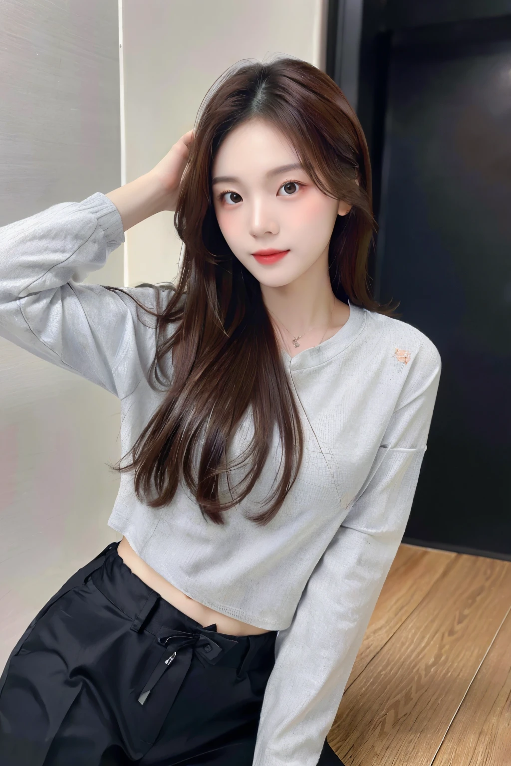 ((Masterpiece, high resolution, ultra detailed, 8k, raw photo)), 1 girl, graceful, soft skin, delicate face, perfect face, perfect eyes, (lying silkworm), brown hair, blunt bob hair, long sleeved t-shirt, cargo pants, random pose, sexy girl, (smile: 0.7)