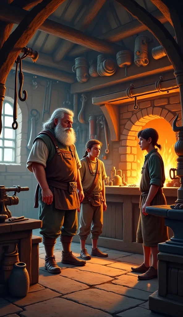 A kind bearded blacksmith speaking with two man i village clothes in a small blacksmith shop in a village