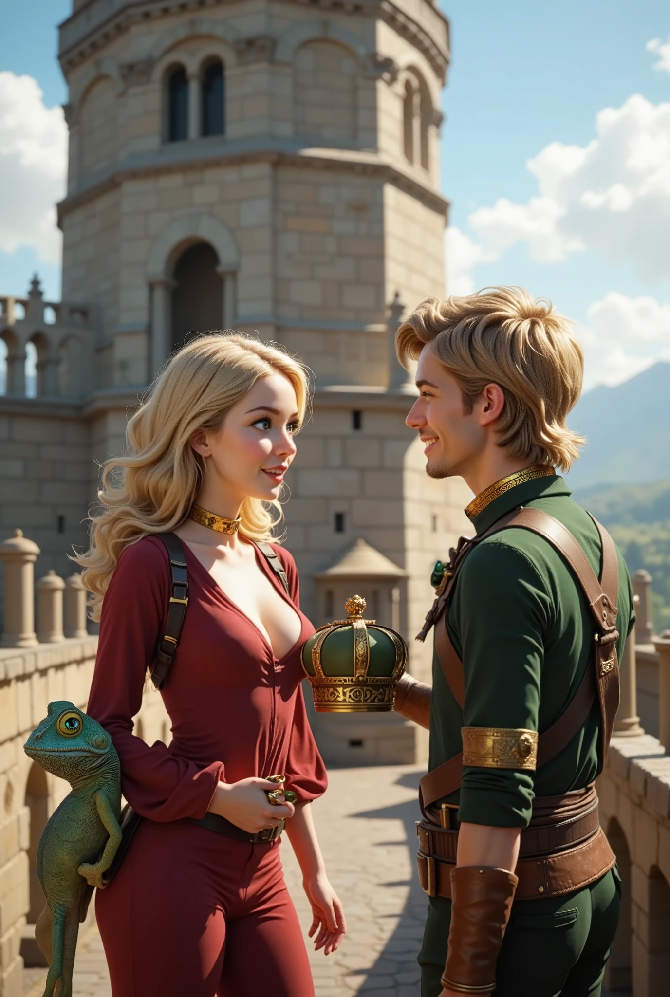 Characters : nsfw blonde with green eyes named Elle . with clear facial features , big breasts (3 size), thin waist, big round sports ass ., Flynn Ryder
Shot : medium shot.
Flynn ask out the tower while elle holds the stolen crown in one hand. Flynn watches her closely, grinning, while Ellestands confidently, demanding answers . Pascal sits on her shoulder , looking suspiciously at Flynn .