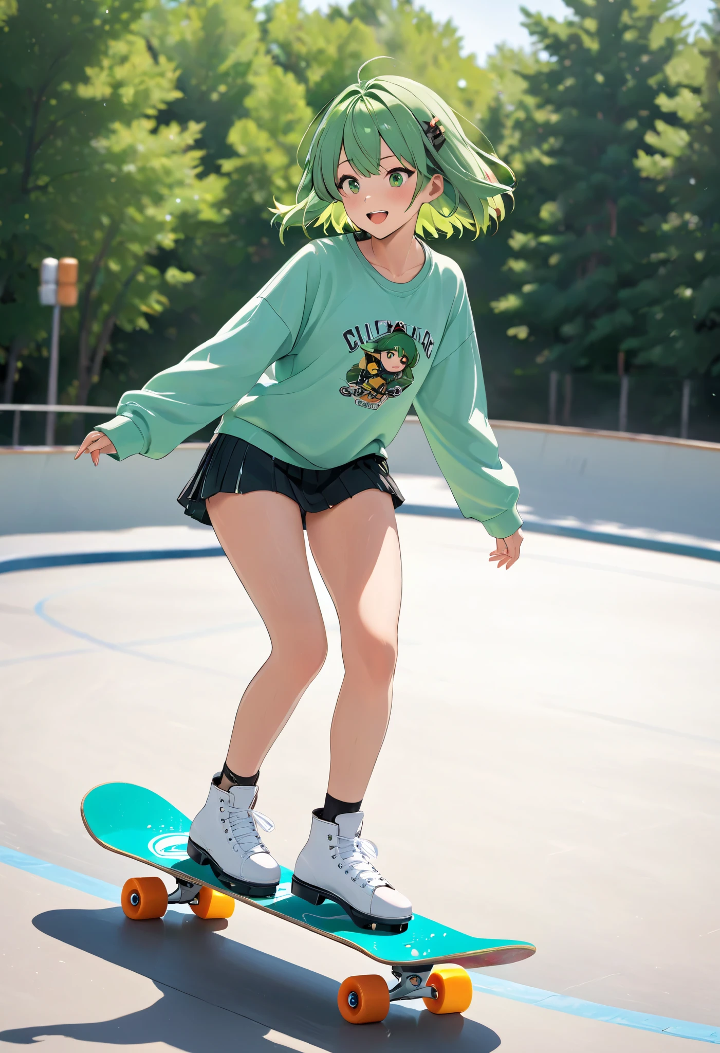 Green-haired girl skating on a skateboard