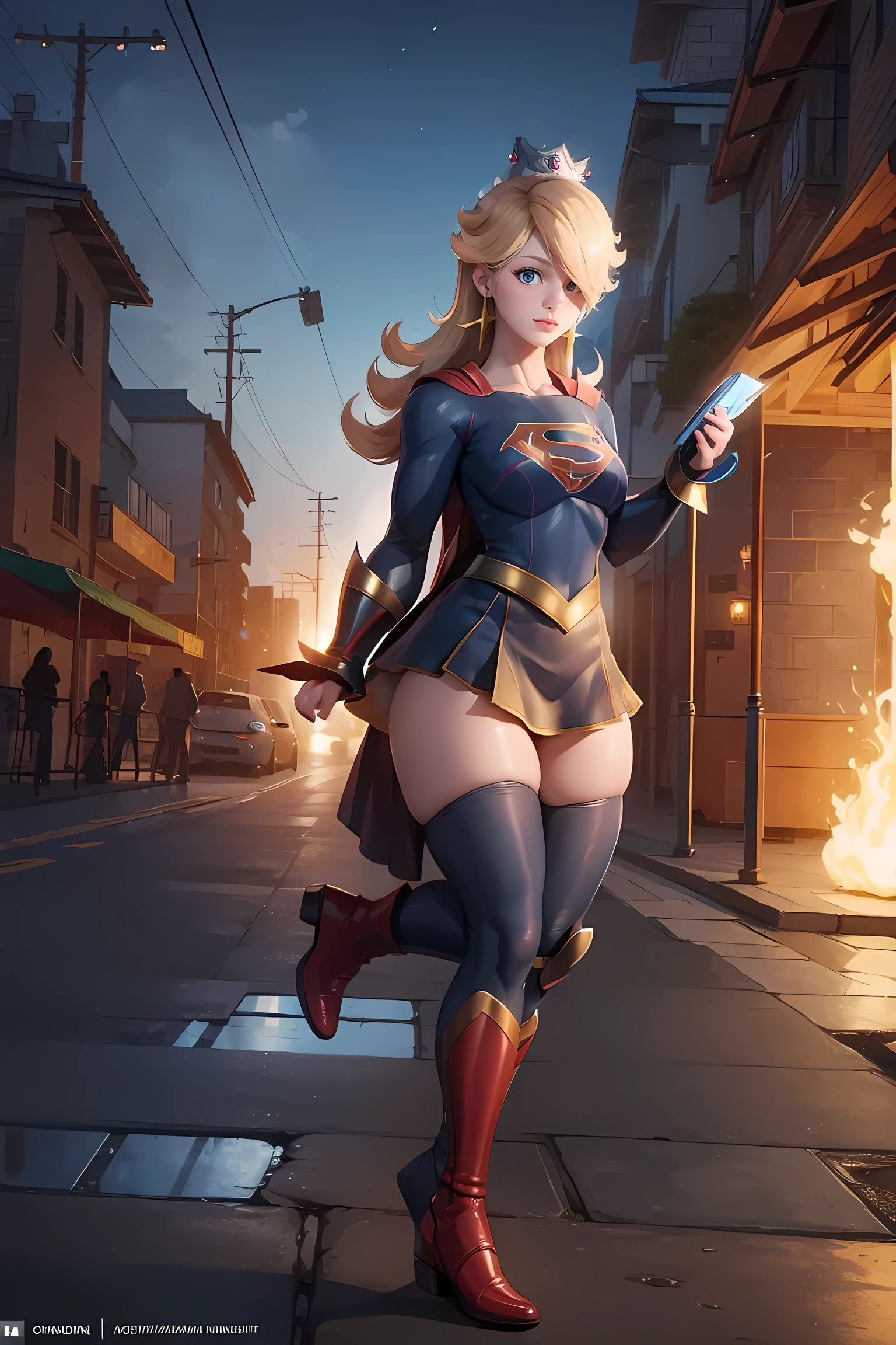 Cute female, blonde hair, ginormous , big hips, posing, modeling, cubby belly, blue eye mask, blue cape, blue gloves, blue boots, city, night, rooftop, alot of bullets bouncing off her