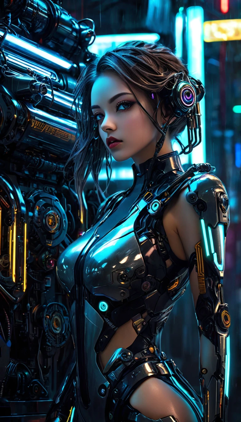 a portrait of robot woman in garage at night, science_fiction