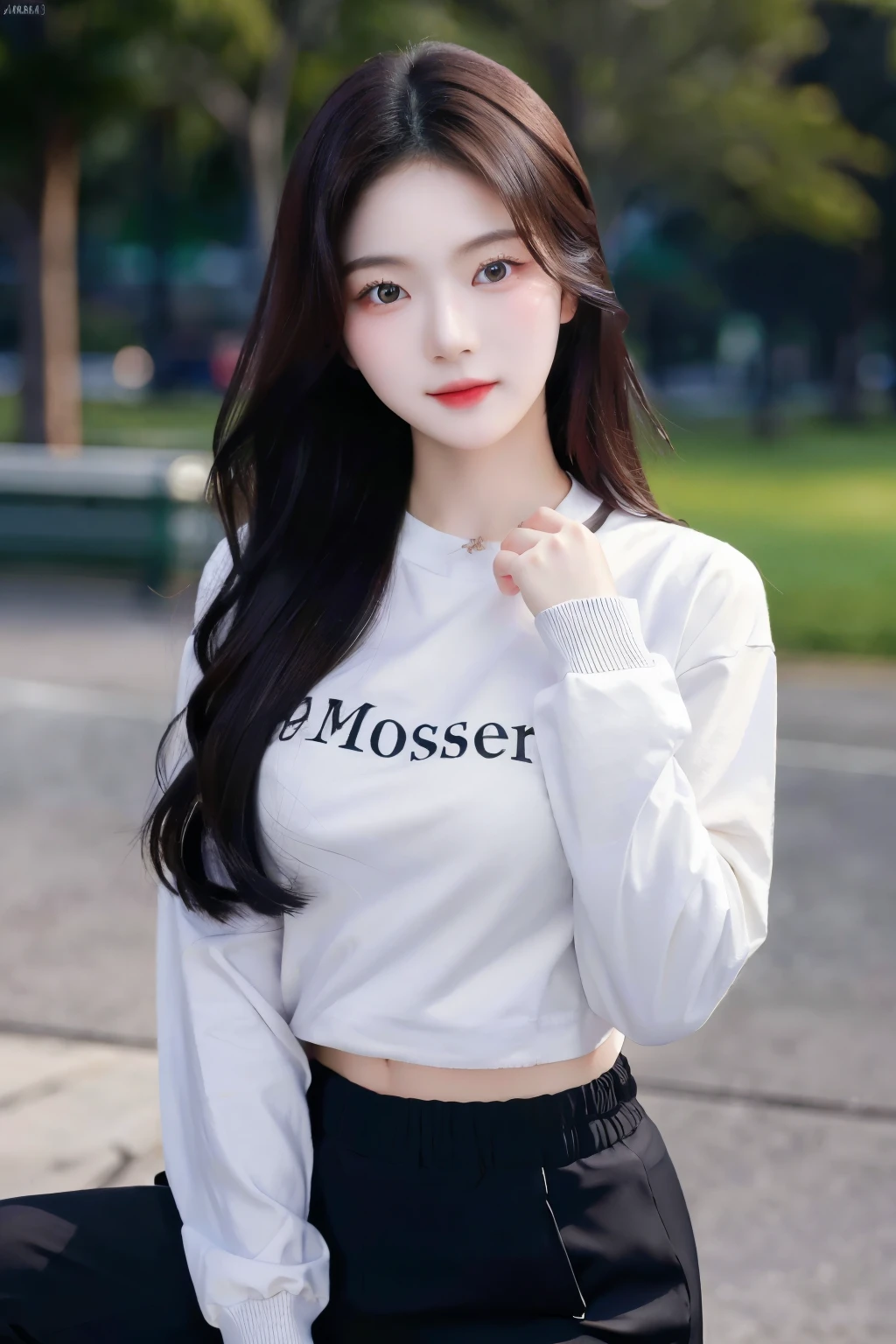 ((Masterpiece, high resolution, ultra detailed, 8k, raw photo)), 1 girl, graceful, soft skin, delicate face, perfect face, perfect eyes, (lying silkworm), brown hair, long wavy hair, long sleeved t-shirt, cargo pants, random pose, sexy girl, (smile: 0.7)