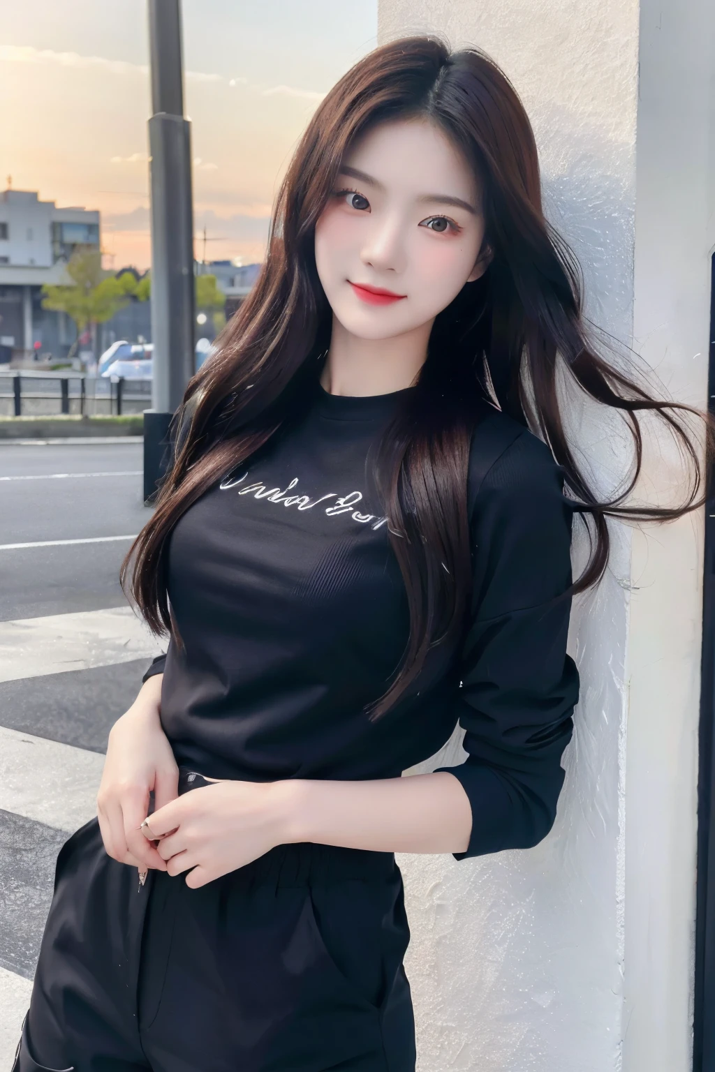 ((Masterpiece, high resolution, ultra detailed, 8k, raw photo)), 1 girl, graceful, soft skin, delicate face, perfect face, perfect eyes, (lying silkworm), brown hair, long wavy hair, long sleeved t-shirt, cargo pants, random pose, sexy girl, (smile: 0.7)