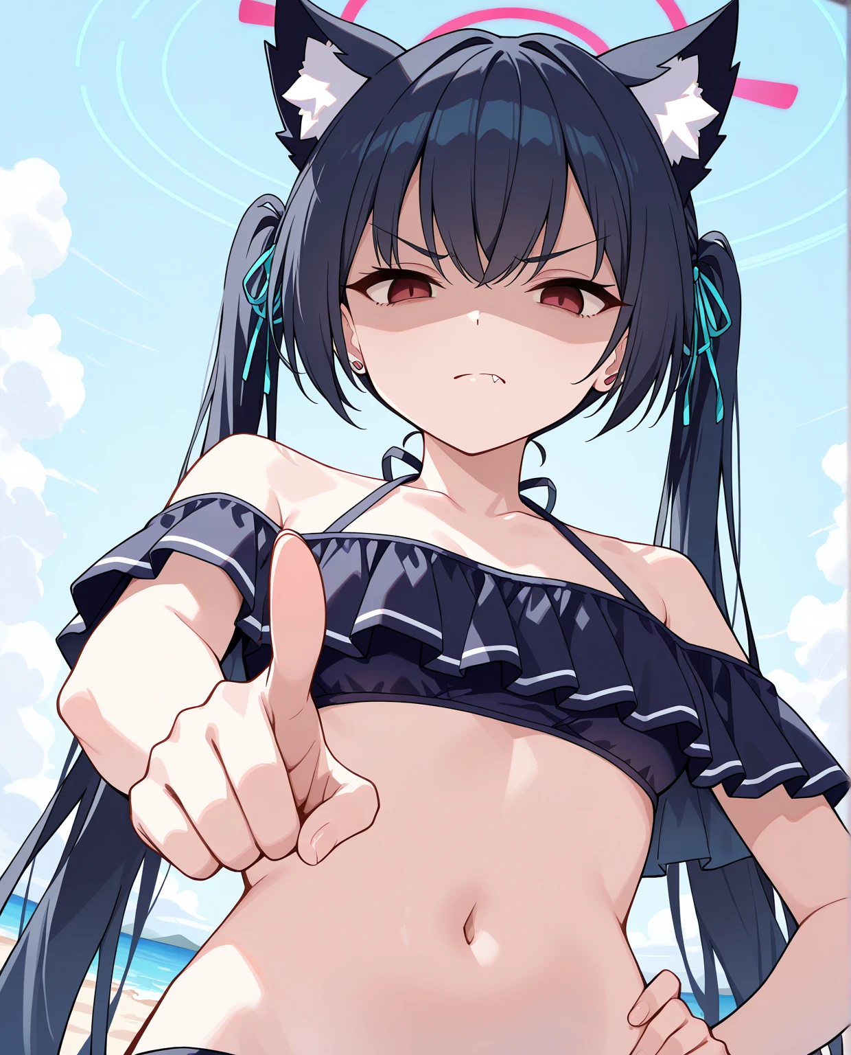 score_9,score_8_up,score_7_up, source_cartoon, source_furry, cat boy, cat tail, dark blue hair, hair over one eye, high long ponytail with volume,spike side hair, furry, blush, looking at viewer, smile, 1boy, cat ears, furry male, white body fur, ((flower on hair, dark blue strapless fringed bandeau bikini)), beach, clear sky, blue eyes, blush, :3, navel, femboy, cute, pointing at you with hand on hip,