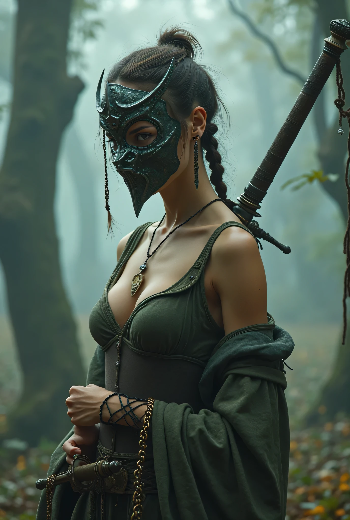 (8k, top quality, masterpiece), ( is present , photo is present : 1.37), very detailed, one girl , { Sylvain Watch with a sword pattern }, Wide angle , Big bouncing breasts , Very delicate depiction , Miniature Paint , detailed depiction of short braided hair , correct skeleton, Made with 、 Short Braided Hair , Chain with Braids , Long Thick Sword 、 dreamy ,超 is present な混合ファンタジー世界, is present 要素と幻想的要素の組み合わせ ( Forest of Swirling Fog :1)、 swing up your sword 、 Wear an Intricate, Detailed Iron Mask 、 Wear a Mask 、 facing the camera
