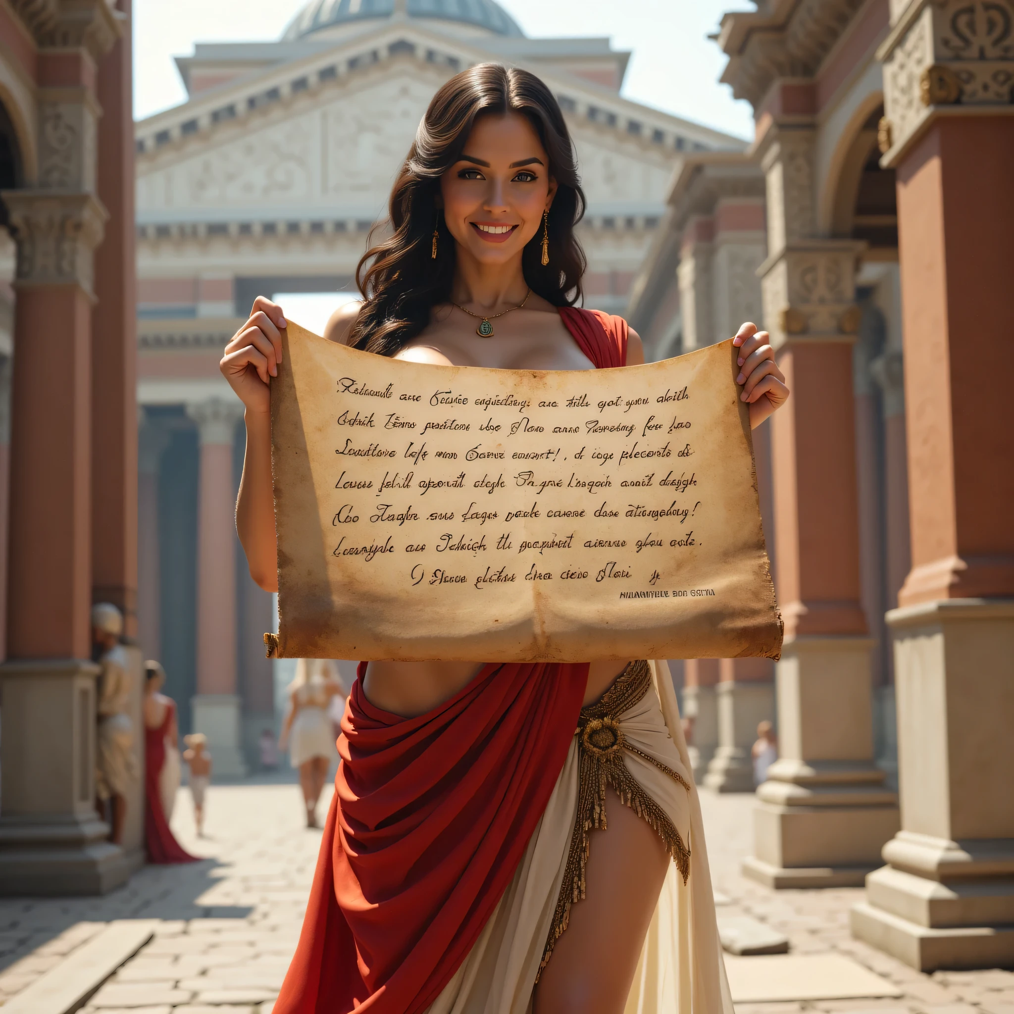 A hyper-realistic wide scenery image shot of a prehistoric beautifully ancient female rome senator holding showed up a big size latin alphabetics script papyrus, symmetrically balanced in image composition. The beautifully ancient rome senator is depicted in a full body angle view, showcasing her lively, lusciously vivacious, and shapely body. She is wearing a realistic cultural ancient rome toga long dress. The scene includes a well-rounded prehistoric female ancient rome senator holding up a big size of latin alphabetic scripts papyrus, and smiling. The background features ancient rome pantheon palace with central leading lines, creating a sense of depth on ultra-wide angle. The image has UHD ambience, with a zoomed-out perspective, realistic textures, mixed lighting concept, and a wide-angle view. The female's hands are accurately detailed with full human finger anatomy, and her hair is shiny and lifelike. The overall style is reminiscent of Far Cry 5 game artwork, with additional details and body fixes applied. The combination of influenced of SandalPunkAi Artwork and BronzePunkAi Artwork. Perfectly curvy.