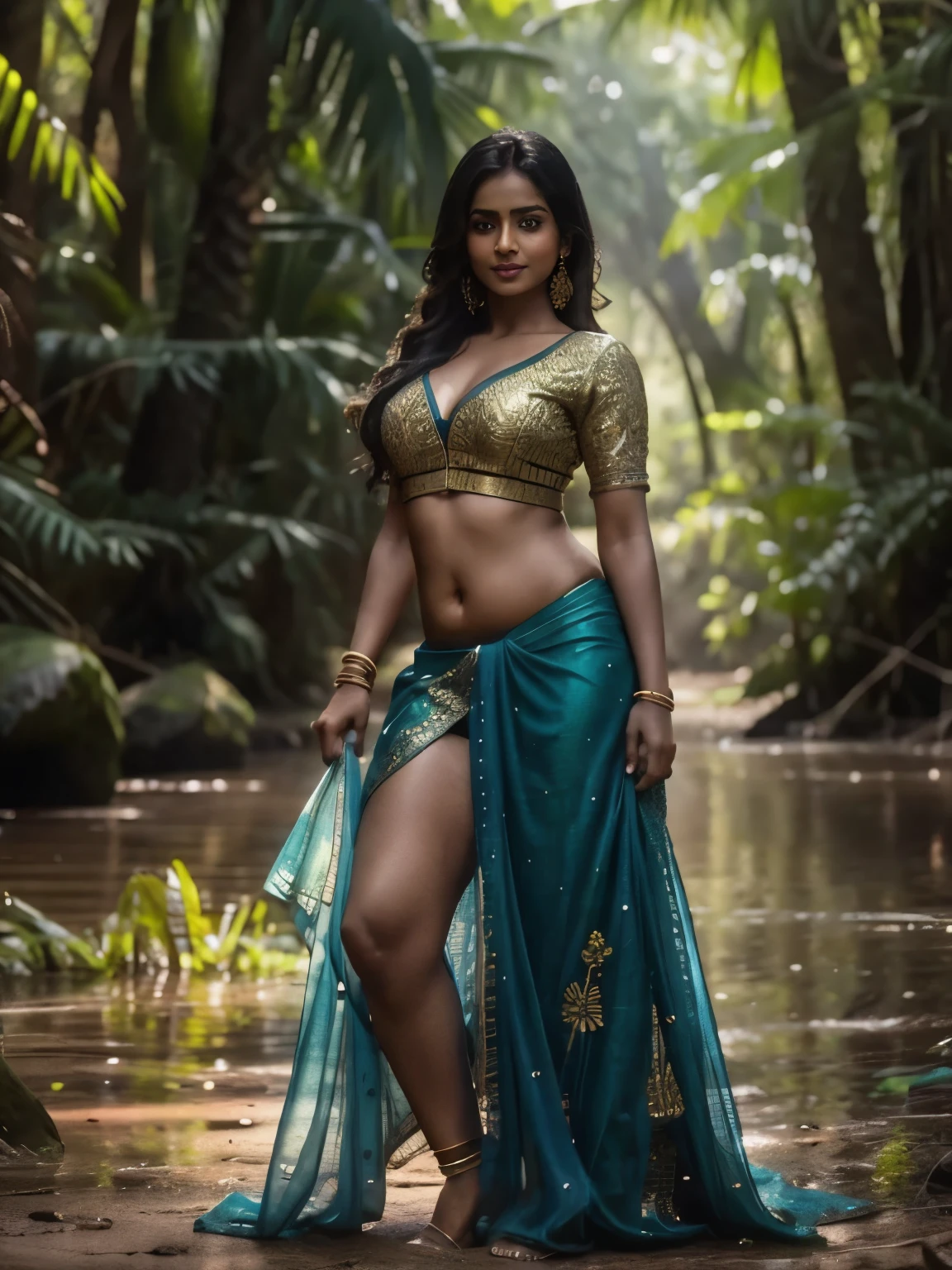 arafed curvy figure woman in a saree with blouse posing in a wet body river, indian goddess, beautiful goddess, sexy girl with dark complexion, indian, traditional beauty, gorgeous woman, indian super model, beautiful maiden, with beautiful exotic, sexy movie photo, gorgeous figure, cinematic goddess body shot, indian girl with brown skin, gorgeous beautiful woman, provocative indian, nature goddess, very beautiful woman wet body broad face