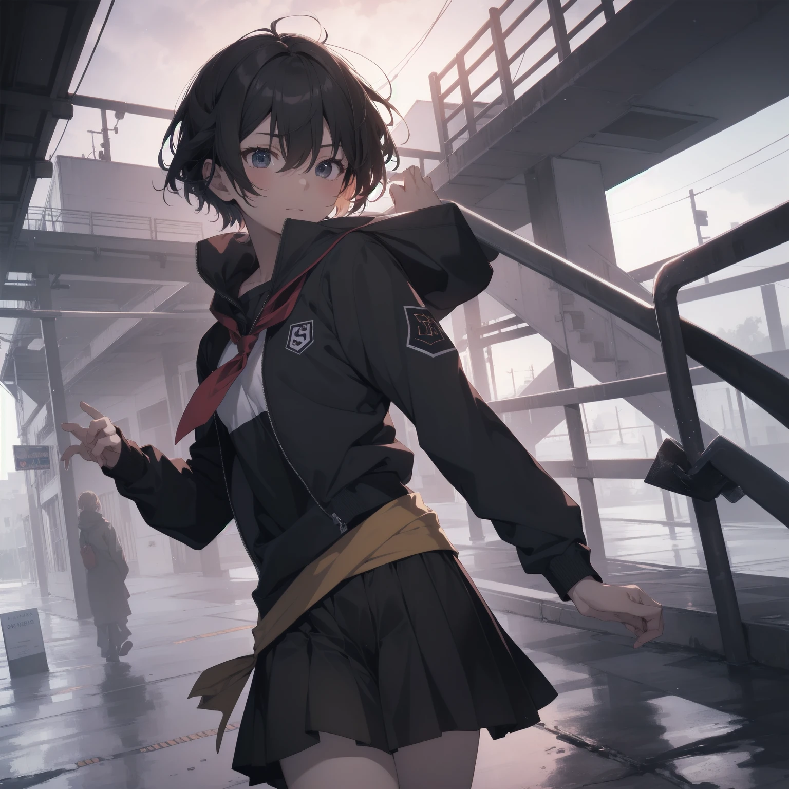ultra-absurdres-Top quality by artist God, ultra-detailed, high resolution, anime moe artstyle, best anime 8k konachan wallpaper, pixiv contest winner, pool:2810, perfect anatomy,break, 1girl, (Please draw a girl walking sleepily to school alone. )break,(Solo,little female, 13-year-old:1.3),Full limbs, complete fingers,a junior high school student,  (very short hair), short cut, flat chest, , small butt, small black eyes, beautiful detailed eyes, well-proportioned iris and pupils, expressive eyes, highres detailed hair, soft expression, school_uniform, bowtie, collared shirt.  pleated skirt,(Detailed Lighting), (Detailed background), in the School commute route. break,super detailed skin, Best cinematic lighting powered by famous artist, 8k,beauty illustration,photoshop_(medium),very aesthetic,break,((artist:beni_shake )), artist:bolze ,artist:oyari ashito ,artist:kantoku ,