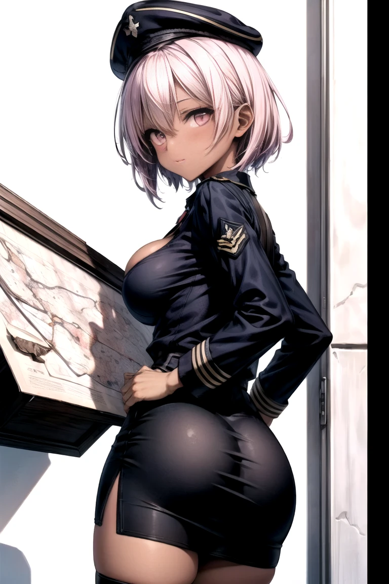 masterpiece, Highest quality, One girl, Are standing, alone, Big Breasts, Narrow waist, Black military uniform,thick thighs black army uniform, Epaulettes, thigh boots, army uniform, army, uniform, belt, Shorts, boots, Earrings, jewelry, gloves, Knee socks, Pink Hair, blue eyes, Wall Don POV, 邪悪なsmile, smile, Evil Face,, Mischievous face