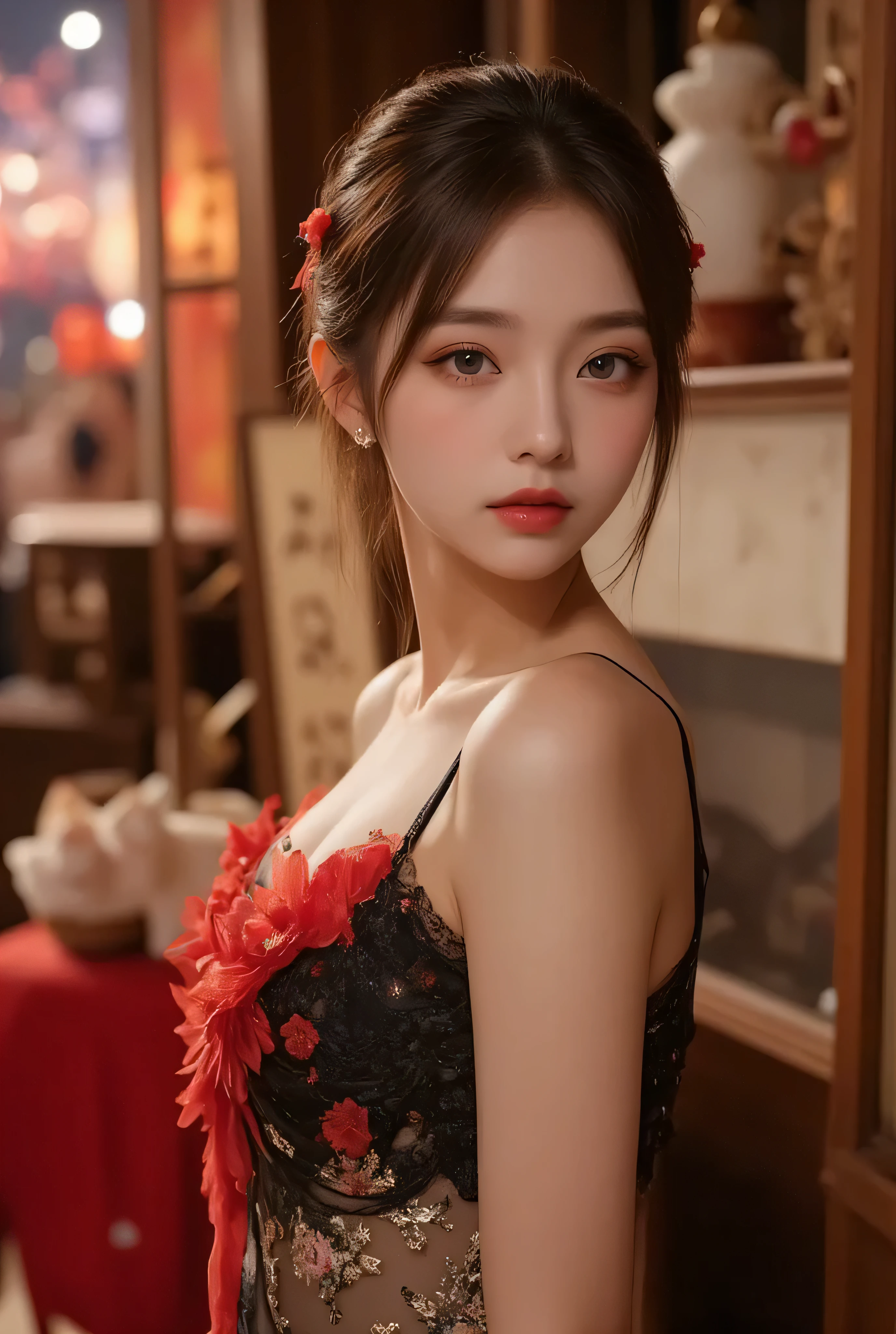 A close-up, head-and-shoulders portrait of a beautiful Korean idol with fine facial features and a ponytail, wearing a red-black-gold-silver short dress with some black-transparent sections, adorned with intricate gold or silver phoenix , bird and floral embroidery. She stands gracefully in a warmly lit room featuring a vintage fireplace and traditional Chinese New Year decorations, including vibrant red lanterns, decorative calligraphy scrolls, a small Chinese orange tree with golden ornaments, and several red envelopes scattered across the floor and hanging from the tree. Adorable, playful cats are part of the scene—some sitting near the tree, others curiously pawing at the red envelopes or lounging around. Through a window or an open door in the background, vibrant Chinese fireworks light up the night sky in an array of reds, golds, and blues, casting a magical glow into the room. The idol’s outfit is complemented by subtle accessories like red hairpins or earrings and a few pretty Chinese hair accessories, along with pink lipstick, enhancing her festive look. The atmosphere is warm and lively, filled with the joyful essence of the celebration, highlighted by dramatic, chiaroscuro lighting, deep contrast, pleasant colors, and intricate, elaborate patterns, creating a super-detailed, realistic 8K cinematic composition.