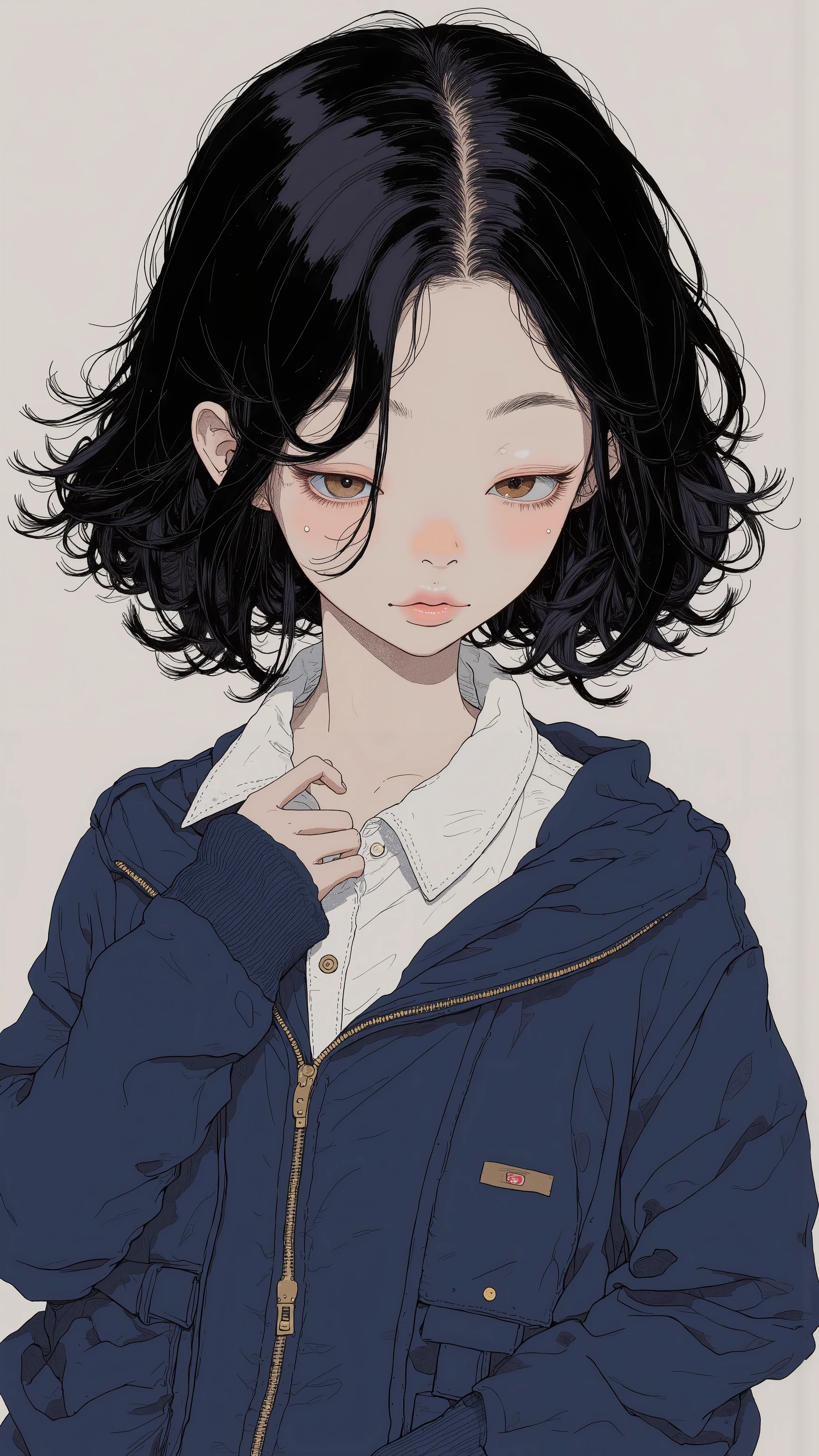 Anime girl with black hair and blue jacket posing for a picture - SeaArt AI