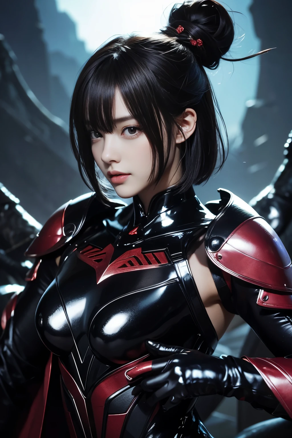 Robot Demon, A cute beauty holding a scythe and having machine wings on her back floats over the city, Detailed depiction of pretty faces, dark short hair，Red eyes，Show small canine teeth，Black and red high-tech retro armor, neon light decoration,Devil horns and tail, Just finished fighting the enemy, Blood, 8K, HDR, whole body照，Surreal work, Detailed works, High-tech combat armor, Black and red machine armor with stylized design, neon lighting , alone , whole body, hyper-realistic, Super detailed photos, realism style,