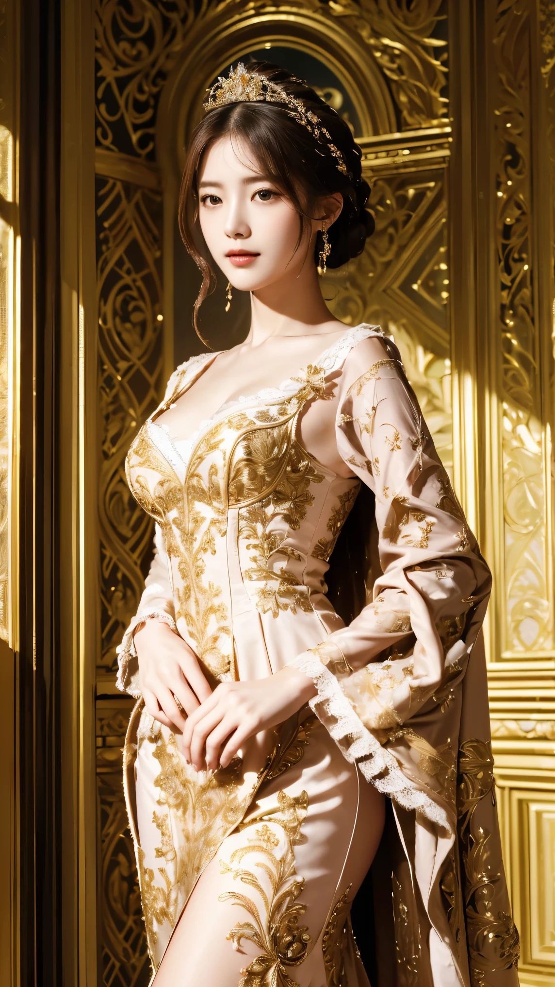 ((( best quality, 8k, masterpiece: 1.3)), (( best quality)), ((masterpiece)), ( Details), perfect face, perfect body through Ngs, ( Details skin:1.3), (Complex Details), and her rich drapes create a gorgeous scene of brilliance {x} An elegant queen with elegant blond hair gathered in an elaborate updo、 posing for portraits , decorated with intricate lace . like a wall praises her presence As if , posing for portraits , ribbon, Delicate embroidery, royal elegance in this exquisite portrait . with a gentle smile full of elegance and confidence , the atmosphere is full of admiration and grandeur . around her , Luxurious gold furnishings , Tall windows, she is wearing a splendid pink and white gown , embodies the pinnacle of royal fashion . standing alone in a luxurious palace room , calculating attitudes , her expression is soft and calm .