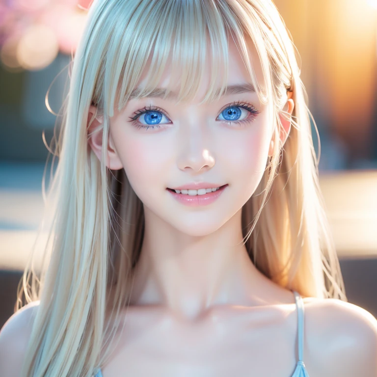 Shining, clear, white skin、Her windblown blonde hair hides her beautiful face、huge、20 years old cute sexy little beautiful face、Beautiful straight hair that stands out、growing up, Sparkling light blue eyes、long silky bangs that cover cute eyes, Sexy and cute young woman with super long hair hiding her sexy face、Super long, natural platinum blonde shiny hair　Beautiful and subtle white teeth　smile　An angelic smile　Beautiful bangs that cover the forehead and reach the eyebrows　Beautiful décolletage　Beautiful chest