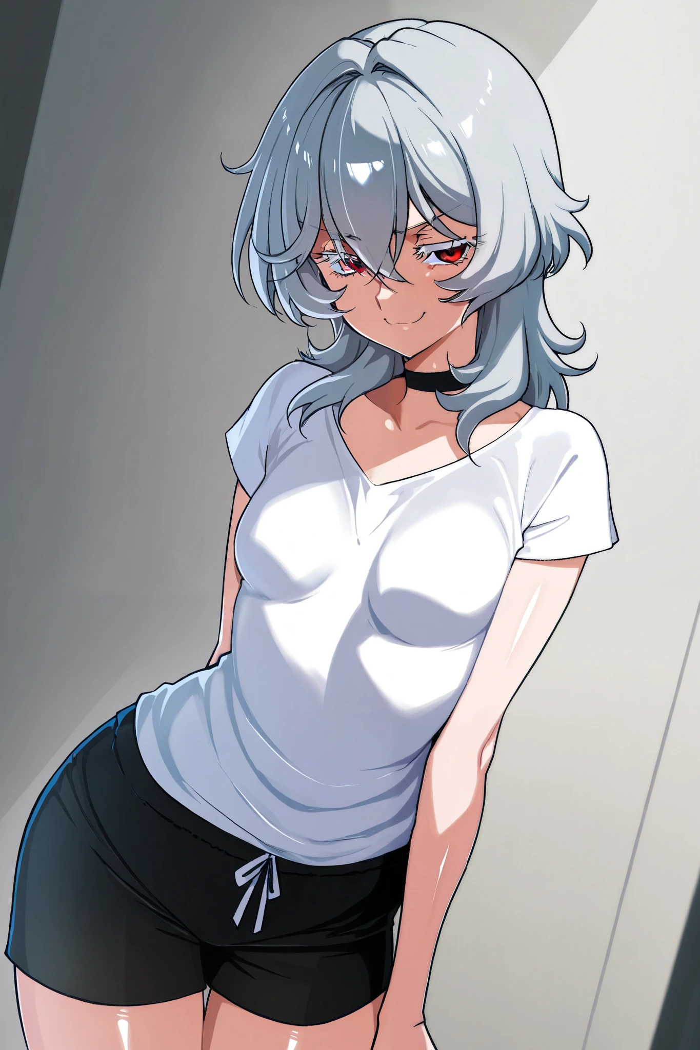 1 girl, grey hair, red eyes, medium hair, tall, black chocker, small breasts, shiny skin, white shirt, black shorts, thick eyelashes, white eyelashes, mature female, smug, innovators (gundam 00)