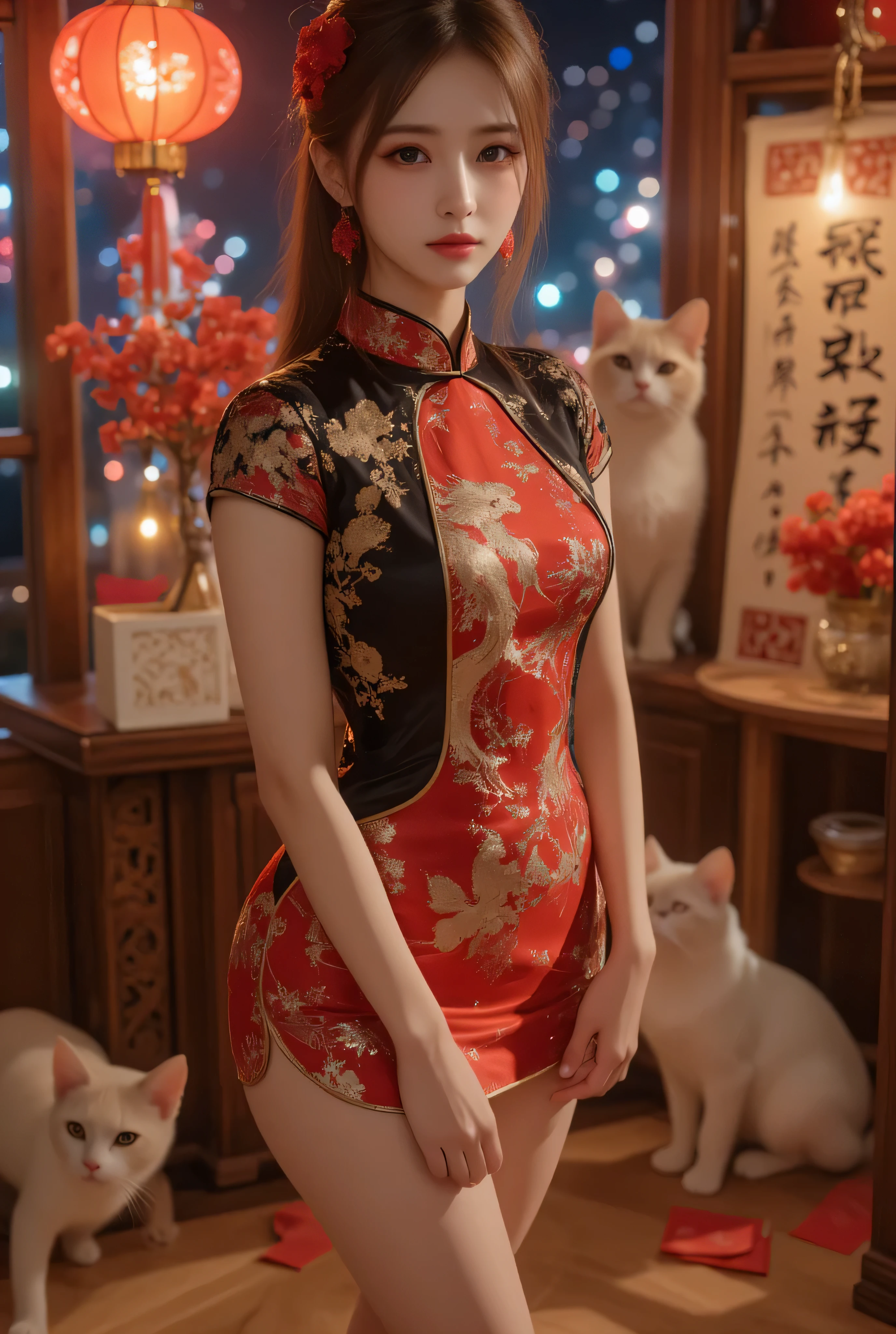 A close-up, head-and-shoulders portrait of a beautiful Korean idol with fine facial features and a ponytail, wearing a red-black-gold short cheongsam with some black-transparent sections, adorned with intricate gold or silver phoenix and floral embroidery. She stands gracefully in a warmly lit room featuring a vintage fireplace and traditional Chinese New Year decorations, including vibrant red lanterns, decorative calligraphy scrolls, a small Chinese orange tree with golden ornaments, and several red envelopes scattered across the floor and hanging from the tree. Adorable, playful cats are part of the scene—some sitting near the tree, others curiously pawing at the red envelopes or lounging around. Through a window or an open door in the background, vibrant Chinese fireworks light up the night sky in an array of reds, golds, and blues, casting a magical glow into the room. The idol’s outfit is complemented by subtle accessories like red hairpins or earrings and a few pretty Chinese hair accessories, along with pink lipstick, enhancing her festive look. The atmosphere is warm and lively, filled with the joyful essence of the celebration, highlighted by dramatic, chiaroscuro lighting, deep contrast, pleasant colors, and intricate, elaborate patterns, creating a super-detailed, realistic 8K cinematic composition.