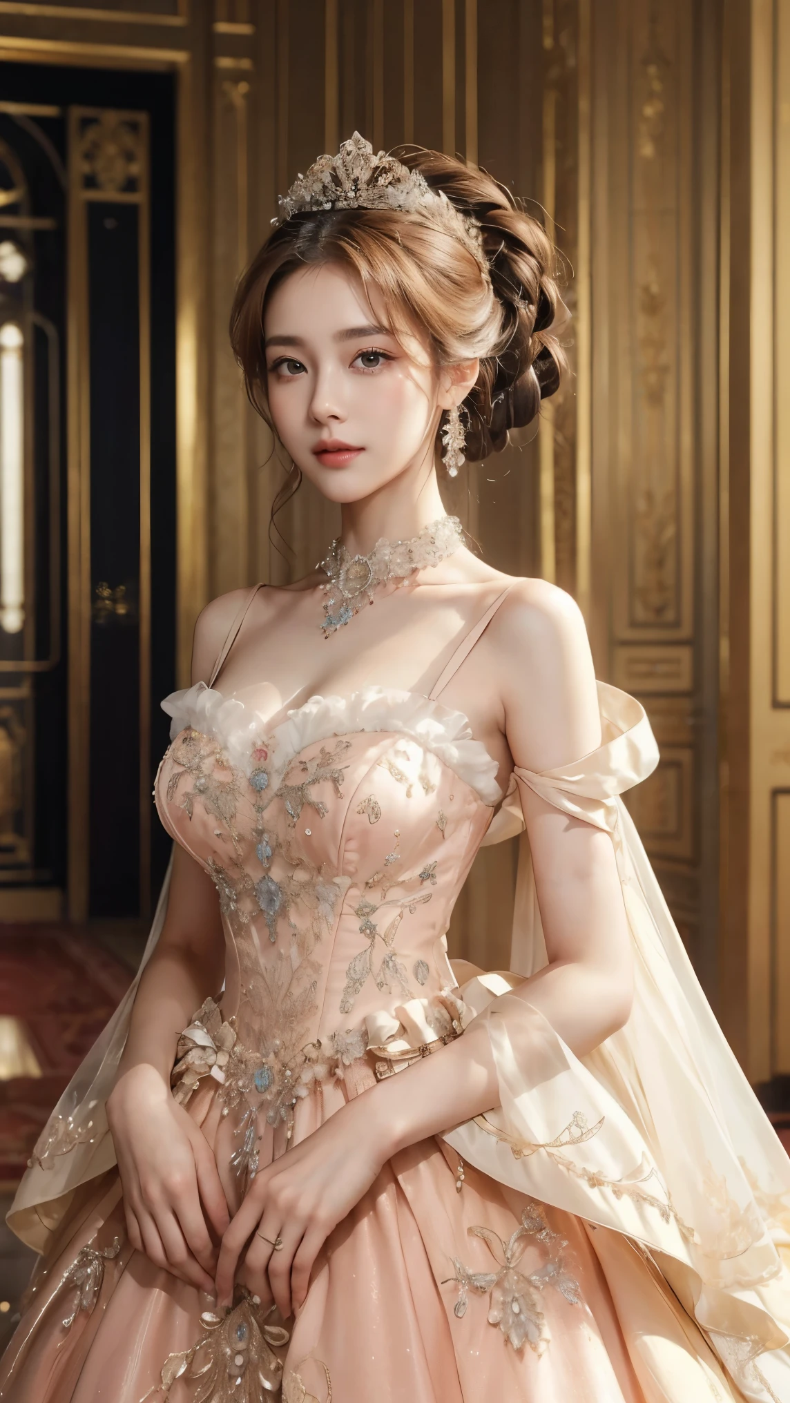 ((( best quality, 8k, masterpiece: 1.3)), (( best quality)), ((masterpiece)), ( Details), perfect face, perfect body through Ngs, ( Details skin:1.3), (Complex Details), and her rich drapes create a gorgeous scene of brilliance {x} An elegant queen with elegant blond hair gathered in an elaborate updo、 posing for portraits , decorated with intricate lace . like a wall praises her presence As if , posing for portraits , ribbon, Delicate embroidery, royal elegance in this exquisite portrait . with a gentle smile full of elegance and confidence , the atmosphere is full of admiration and grandeur . around her , Luxurious gold furnishings , Tall windows, she is wearing a splendid pink and white gown , embodies the pinnacle of royal fashion . standing alone in a luxurious palace room , calculating attitudes , her expression is soft and calm .