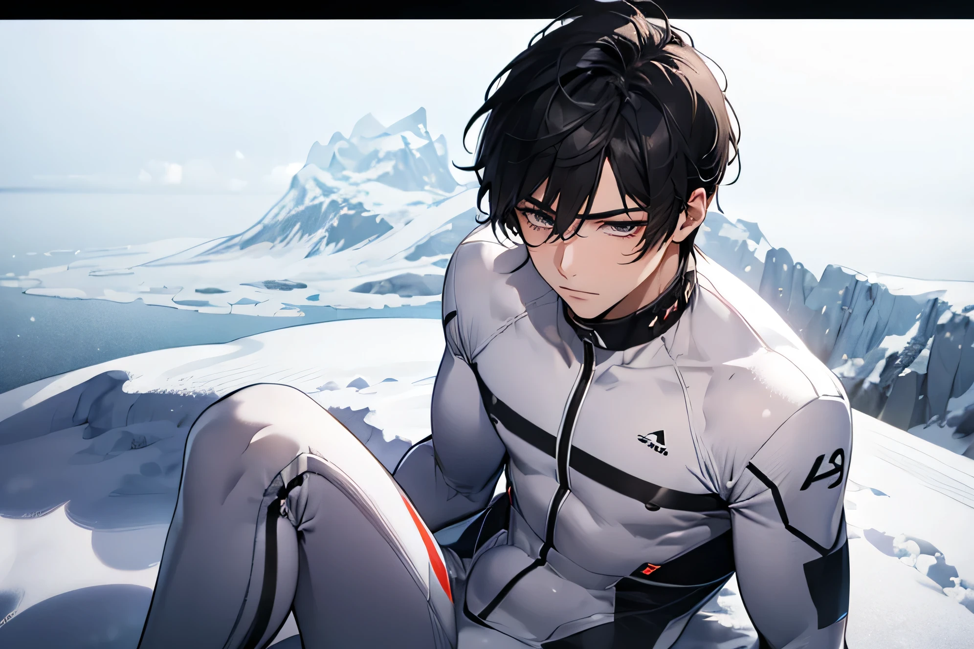 Japanese handsome black hair short cropped male Slim figure Bulge transparent bright white compression suit Nude Lower Body with Pink Briefs Face close-up The background is Antarctica In the snow The background is Antarctica Just snow Face close-up Japanese handsome 短い black hair short cropped sit with your knees folded on the snow A look of pity composition from directly above Face close-up Face super up