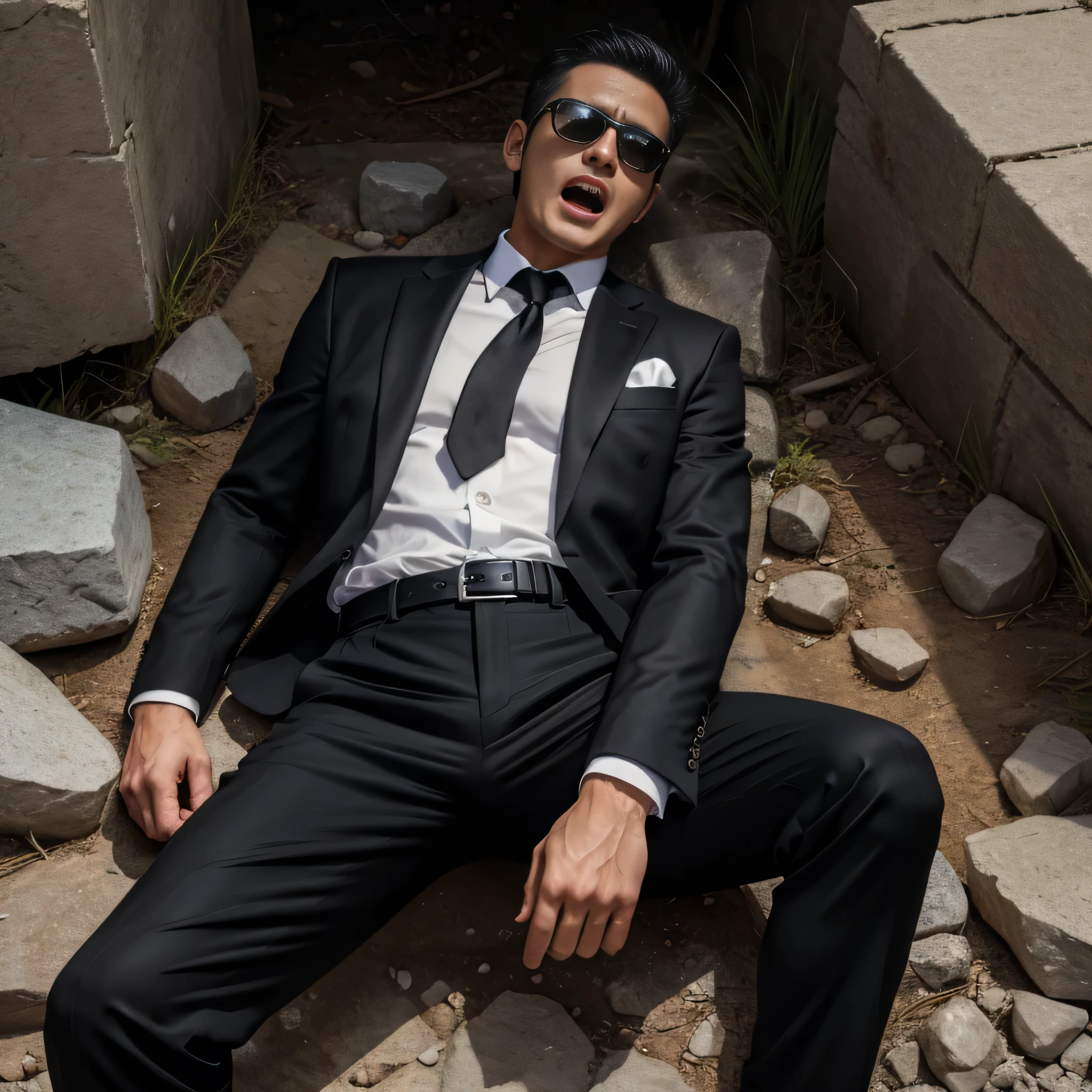 50 years old,One Man,Black Suit,Night parking、mafia、Bend、Spread your legs wide、Hold a gun,Open your legs more,logic,Gay ,Very Short Hair,Stubble,John Abraham,Bulging in the crotch area of pants ,Black sunglasses。