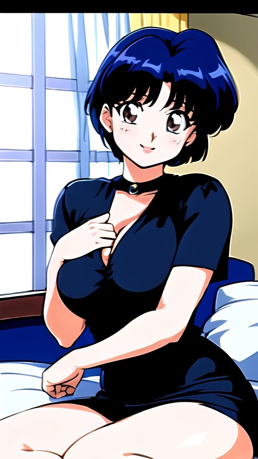 HDR, CG, sharp focus, (8k), (4k), masterpiece, best quality, detailed skin, extremely detailed, hiper detailed, sharp focus, looking at viewer, high quality, AKANE, Akane tendou, short hair, blue hair, brown eyes ,curtain pelvic DRESS, tetas grandes, blush, solo, 1girl, sit on BED, BEDROOM background, hands on chest, heels, black dress, smile,