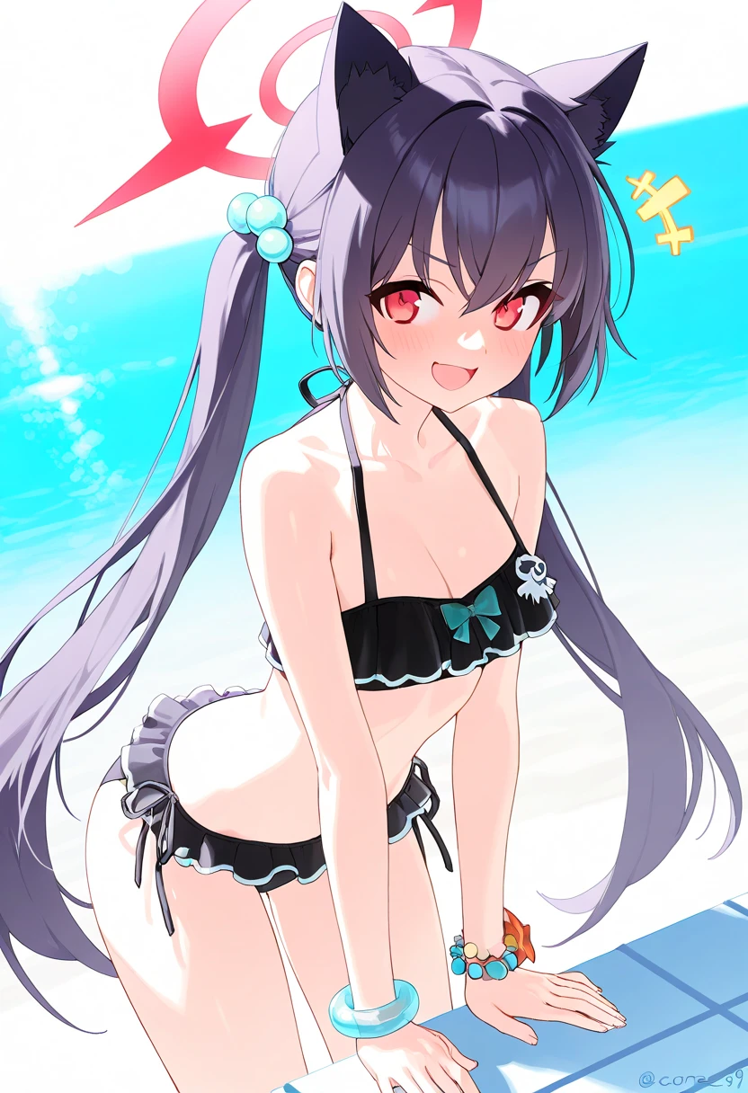 (masterpiece,best quality,ultra-detailed), an anime girl who is 10 years old, calm angel. She has lavender straight bangs long hair with high ponytails, periwinkle eyes, eurasian eagle-owl ears and wings, wearing lolita ruffle bikini, calmly kneeling at the beach and calmly look at viewer