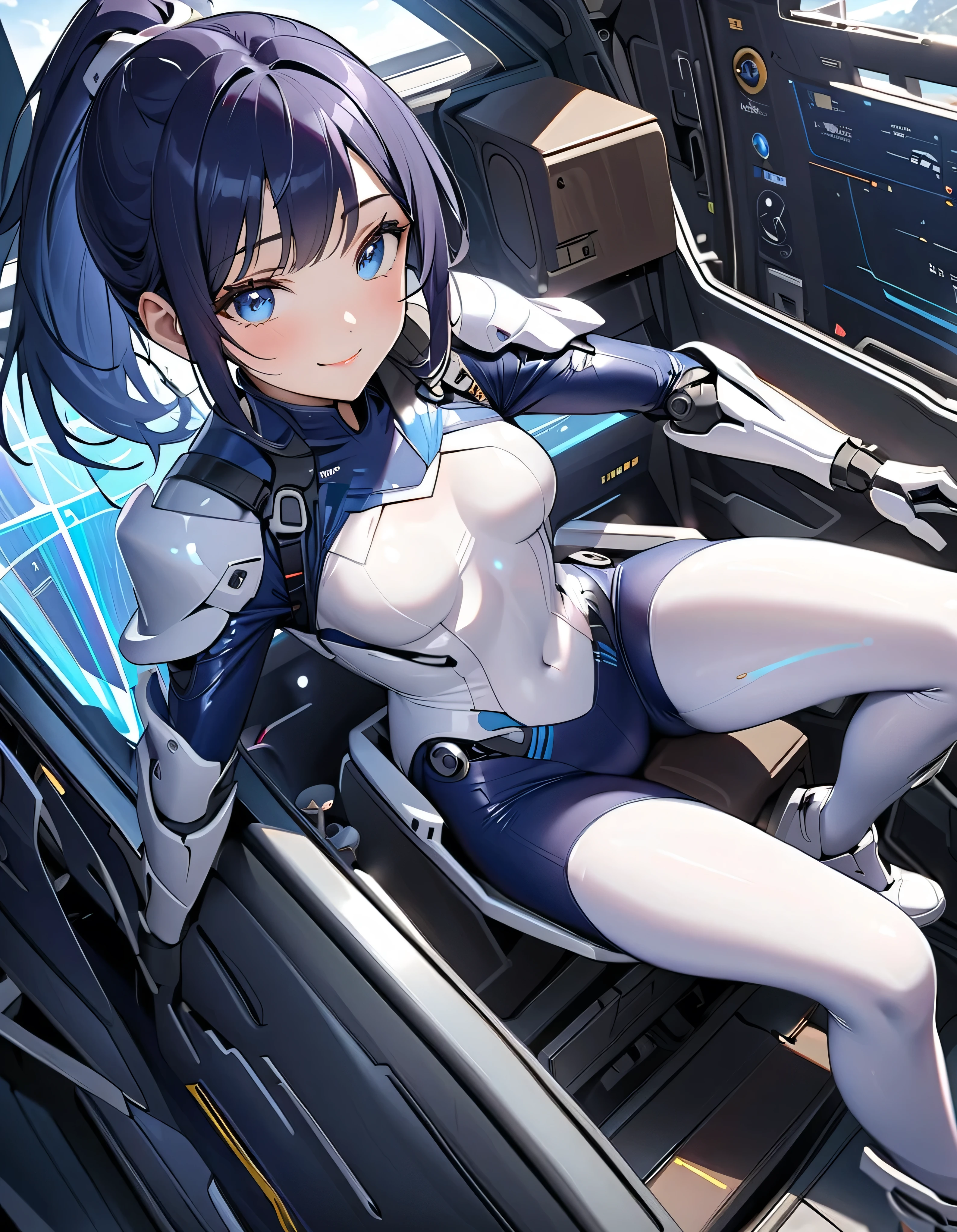 cyber girl in space, white body suit, sci-fi, perfect body, dark hair, smiling, beautiful eyes, detailed, masterpiece, high res, high quality, planets, stars