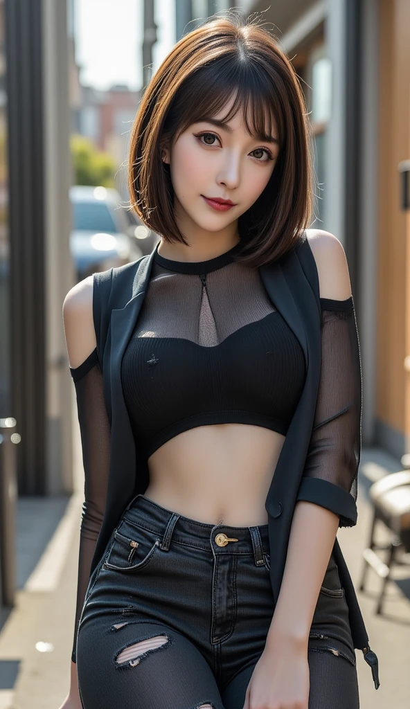 (highest quality, 8k, 32K, masterpiece), (Realistic), (Realistic:1.2), (High resolution), (night:1.7), Japan, cyber punk, 街の景Farbe, In front of the window,Wooden floor, Blue jacket, Grey Shirt, clavicle, jewelry, gem, Brunette Bob, 1 female, 4, (Grin), Beautiful body, beautifulNose, beautifulcharacter design, Perfect Eyes, perfectface, Expressive eyes, View your viewers, Center the image, (Cowboy Shot), Official Art, Very detailed CG Unity 8k wallpaper, Perfect lighting,Farbeful, bright_front_face_Lighting,Glowing Skin, (masterpiece:1.0),(Highest_quality:1.0), 超High resolution,4K,Very detailed, photograph, 8k, High resolution, High resolution, absurdes:1.2, Kodak Port 400, Film Grain, Blurred Background, bokeh:1.2, Lens flare, (Vibrant_Farbe:1.2) (beautiful,chest), (beautiful_face:1.5),(narrow_Waist)