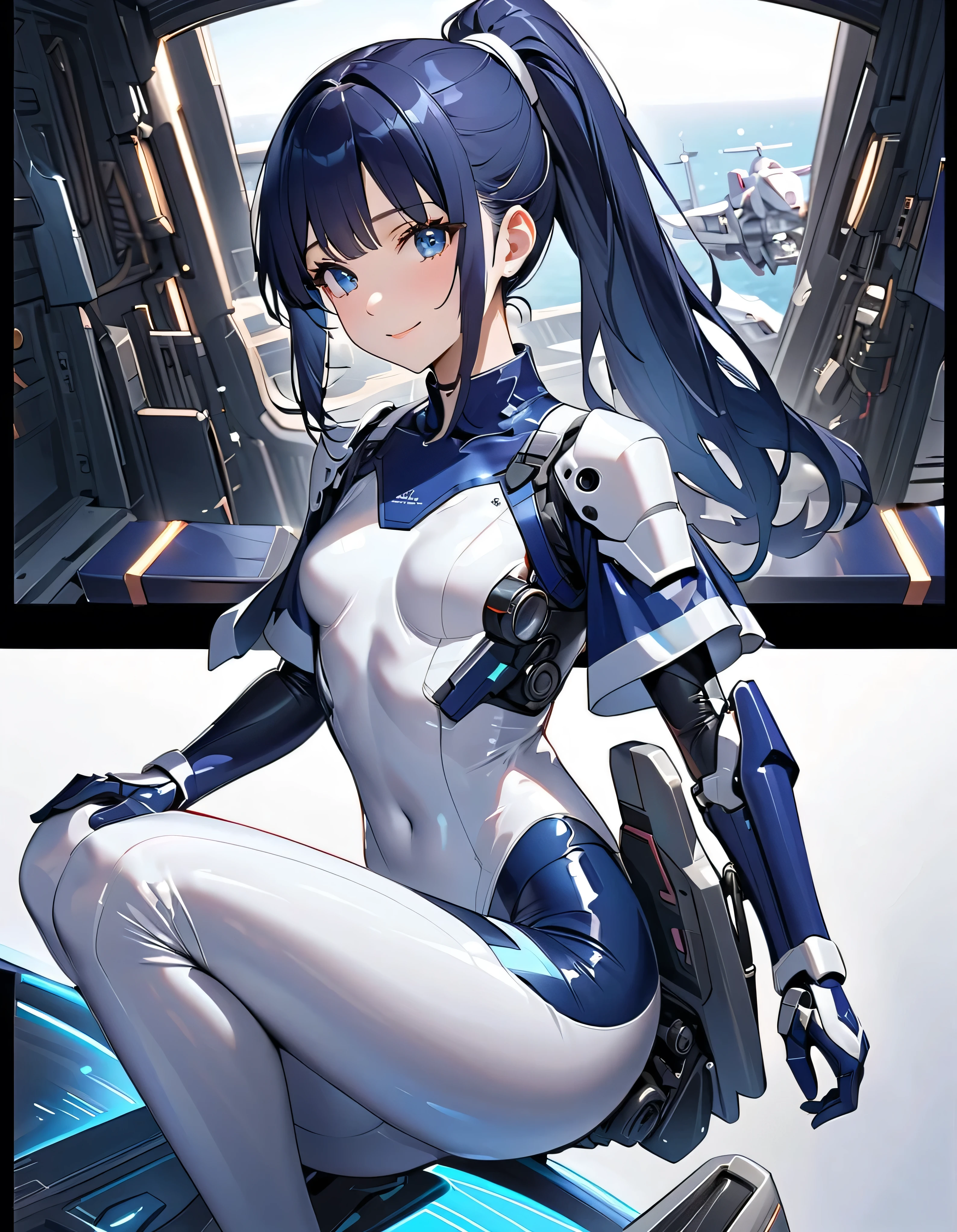 (masterpiece、highest quality、Highest Resolution、Clear_image、Detailed details、Angle from above): (Whole body、One 20 year old girl、Japanese Faces、Small Face、Slender、Navy blue super short bob cut hair、(Hidden small breasts:1.3)、Sparkling blue eyes、Shiny pilot suit in blue and black colors、Chest protection armor、Tight fitting clothes、Clothing that covers the whole body、Glamorous clothes、Tight Fit Pants、Hide your skin、Very delicate and beautiful、Detailed Skin、hide thighs、Hide your ass、Cute、A gentle smile、Soft expression、heroine、headset、Knee-high boots、Elbow-length gloves、Eye Level Shot、Face directly、Woman on a spaceship)