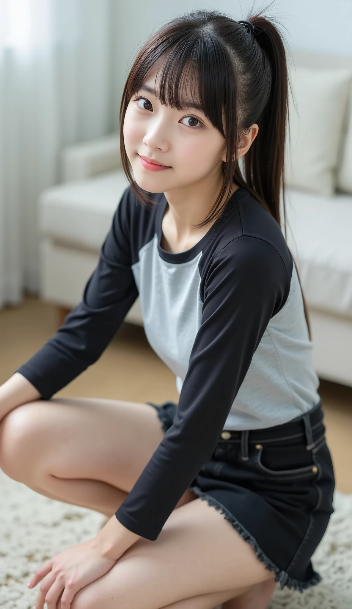 portrait photo ,masterpiece, nsfw,8k,full body shot,
( 1 girl, slender body, small breasts, Wide pelvis, tiny ass, thighs are short thick and curvy ),sensual posing squatting open legs on floor with arm up, ,bare feet, focus on thighs,
(yo Japanese girl, 152_Height cm , blue-white skin)
black hair, (( Highlight Hair , honey brown streak hair )), short straight ponytail with bangs,(Young Face, Round face, droopy eyes , hazel eyes,Looks affectionate ), wearing a long sleeve tight t-shirt 、Sleeves are black 、Body is gray ,Black denim mini skirt,85mm, Official AR RAW Photos ,( is present, ultra detail), best quality,Chromatic aberration anatomically accurate , Textured Skin