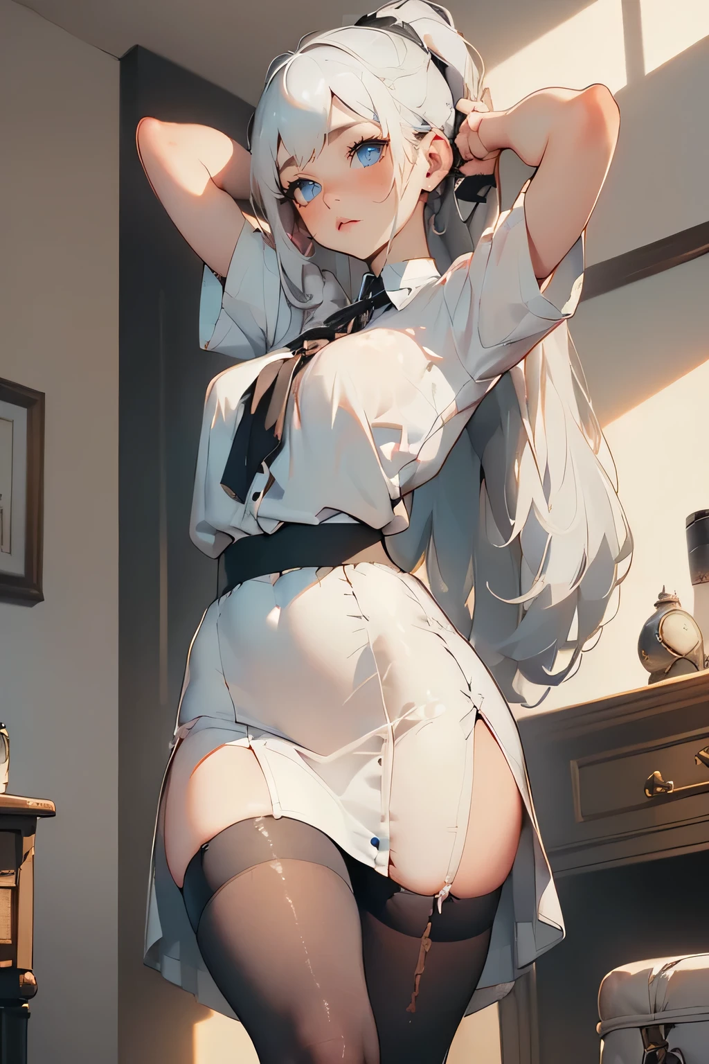 1girl in, Height 164 cm, Tall Girl,、18 years old, Navy colored hair, Very long hair, White silver eyes、,look behind、red blush、full of sweat、Plump buttocks、buttshape 、back-view, toView, from behind,Colossal tits(Breast Abundance)、Transparent thighs、barechested