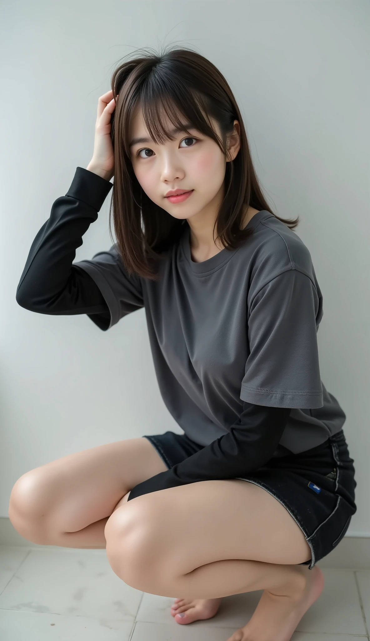 portrait photo ,masterpiece, nsfw,8k,full body shot,
( 1 girl, slender body, small breasts, Wide pelvis, tiny ass, thighs are short thick and curvy ),sensual posing squatting open legs on floor with arm up, ,bare feet, focus on thighs,
( Japanese girl, 152_Height cm , blue-white skin)
black hair, (( Highlight Hair , honey brown streak hair )), short straight ponytail with bangs,(Young Face, Round face, droopy eyes , hazel eyes,Looks affectionate ), wearing a long sleeve tight t-shirt 、Sleeves are black 、Body is gray ,Black denim mini skirt,85mm, Official AR RAW Photos ,( is present, ultra detail), best quality,Chromatic aberration anatomically accurate , Textured Skin