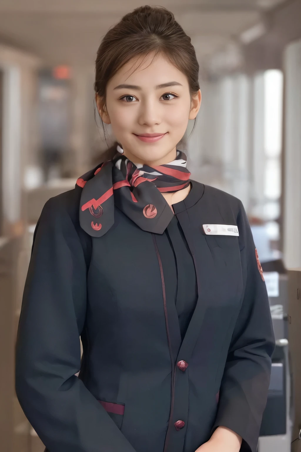 (masterpiece:1.2、 best quality:1.2)、32kHDR、 high resolution、( alone、 1 girl、 slim figure)、( realistic style wearing JAL cabin crew)、 (At the airport counter, professional lighting)、A proper woman, beautiful face,、( black JAL cabin crew )、(Long sleeve JAL flight attendant )、( red scarf picture )、 big breasted、( long hair upstyle 、bread)、 thick brown hair、Long Hit、 long foot、 black stockings 、Thin ankles、((:2.0))、((harmonious body proportions:1.5))、((Normal limbs:2.0))、((Usually refers to:2.0))、(( Delicate Eyes:2.0))、((Normal eyes:2.0)))、Beautiful position、smile