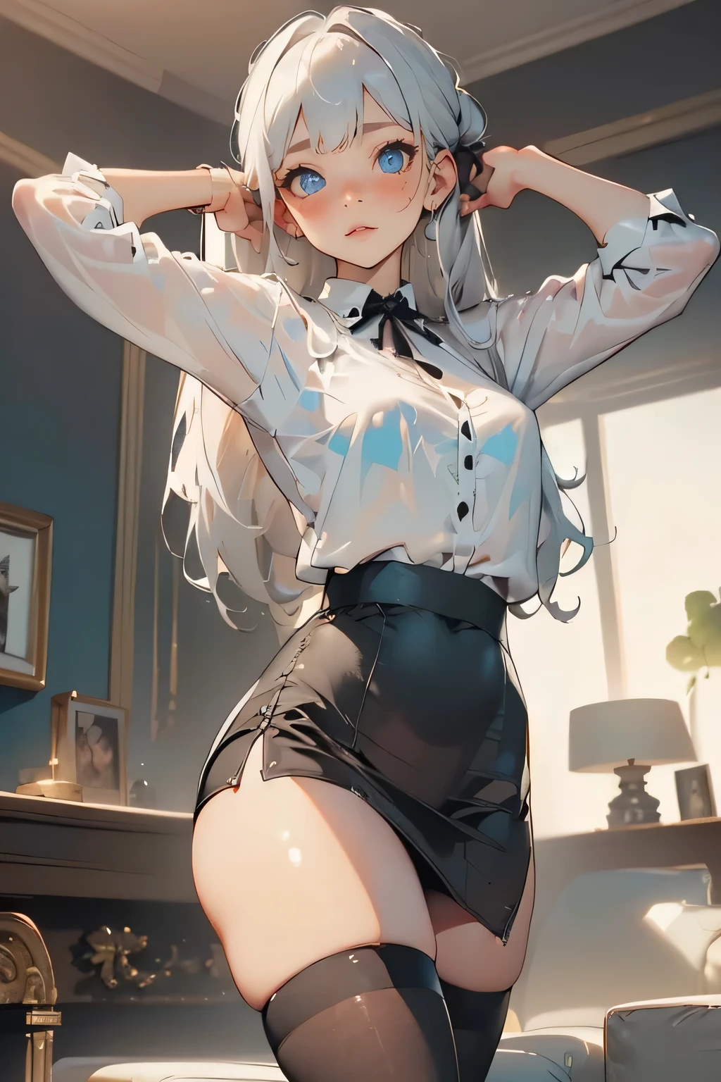 Masterpiece, best quality, aesthetic sense, high resolution, beautiful woman drawn in the best quality and detail, sticking out her buttocks, wearing underwear, long silver hair, red eyes, woman with glasses