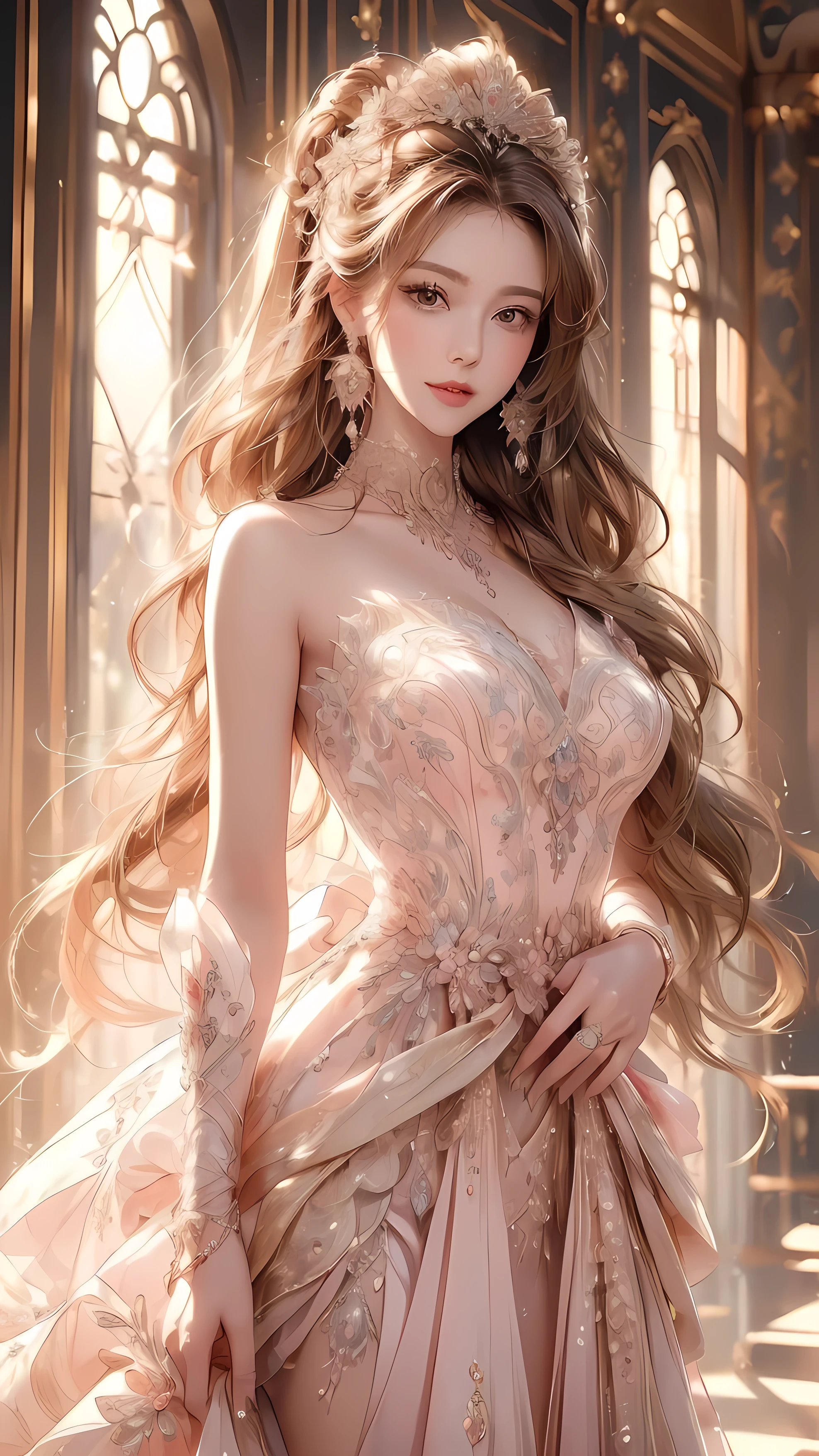 ((( best quality, 8k, masterpiece: 1.3)), (( best quality)), ((masterpiece)), ( Details), perfect face, perfect body through Ngs, ( Details skin:1.3), (Complex Details), and her rich drapes create a gorgeous scene of brilliance {x} An elegant queen with elegant blond hair gathered in an elaborate updo、 posing for portraits , decorated with intricate lace . like a wall praises her presence As if , posing for portraits , ribbon, Delicate embroidery, royal elegance in this exquisite portrait . with a gentle smile full of elegance and confidence , the atmosphere is full of admiration and grandeur . around her , Luxurious gold furnishings , Tall windows, she is wearing a splendid pink and white gown , embodies the pinnacle of royal fashion . standing alone in a luxurious palace room , calculating attitudes , her expression is soft and calm .