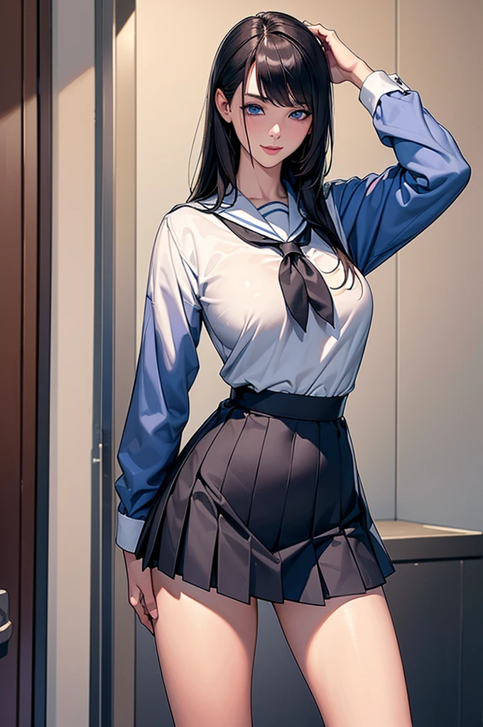 (masterpiece:1.2, highest quality), (realistic, photorealistic:1.4), beautiful illustrations, (natural side lighting, movie lighting), Depth of written boundary,
looking at the viewer, (face focus, Upper body), Front view, full body figure,full body, 1 girl, English, high school girl, 15 years old, perfect face, Cute symmetrical face, shiny skin,
(((medium long hair:1.7,black hair))), asymmetrical bangs, Big eyes, droopy eyes, long eyelashes chest), thin,
beautiful hair, beautiful face, fine and beautiful eyes, beautiful clavicle, beautiful body, beautiful breasts, beautiful thighs, beautiful feet, beautiful fingers,
((fine fabric texture, sailor moon, Sleeveless white collar shirt, White pleated skirt, Navy bow tie)),
(beautiful scenery), evening, (In front of the blackboard in the classroom), Are standing, (smile, Upper grade, open your mouth), (((skirt lift, No panties, genitals visible))),(((medium long hair:1.7,black hair))),