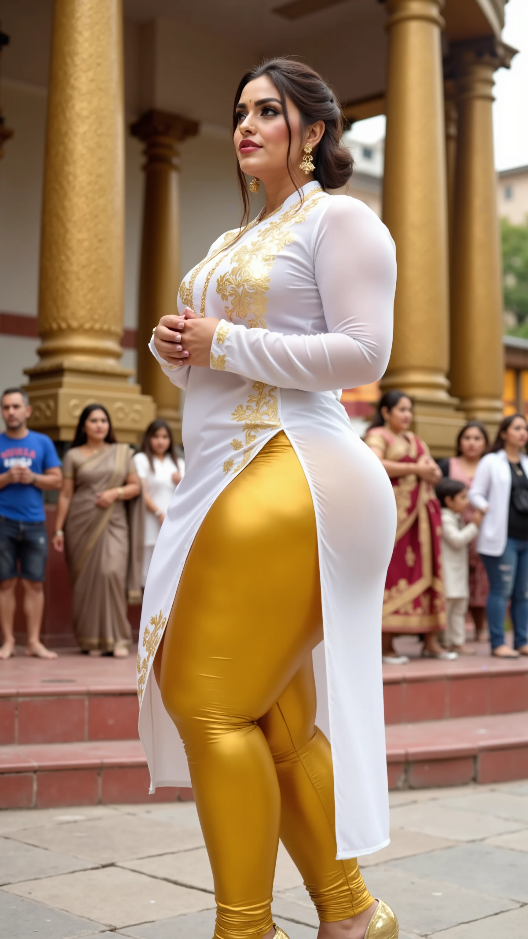 I am 40 year old plus size tall and big giant indian muslim women, looking like indian actress anushka shetty, wearing a gold boarded puff handed transparent short length white kurti ,and shining reflective glossy bright gold very tight leggings,golden nose rings,nose stud, anklet,hanging ear rings,long golden chain on neck,white-skin,white skin tone, beautiful face, dark red lips, clean skin,low bun hair,celebrity face,gold stelito heels,thick leggs, round ass,bulging ass,huge breast, side view of woman exposing ass ass and thighs through open kurti slit,standing and praying in front of an indian hindu temple,only side view of woman, head towards viewer