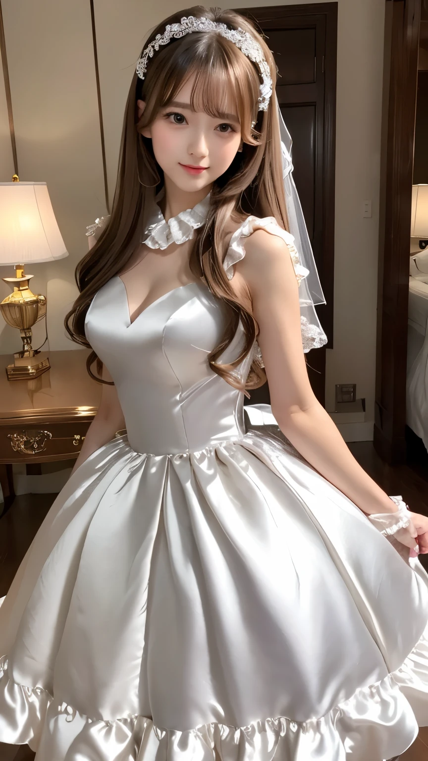 Girl with huge breasts with a sensual micro bra dressed as a bride with a long bridal veil and a bouquet in the courtyard of the convent