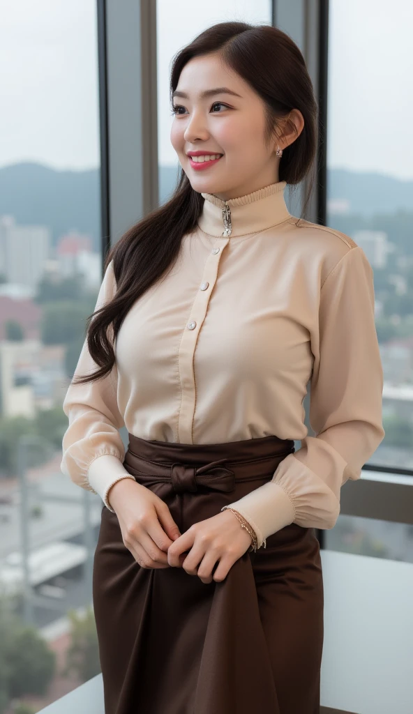 (8K, best quality, masterpiece:1.2), (realistic, photo-realistic:1.37), (high color saturation:1.0), (highly detailed skin), (highest quality:1.0), (ultra high resolution:1.0) ,(realistic:1.0), (Super detailed:1.0), (8K, Raw photo:1.1)、standing random pose, smiling, natural breast, perfect lighting, 22years old, (mysterious), clear and detailed, ((japaniese_office_uniform, tight skirt, sexy_blouse, flight attendant_neck scarf)), (indoor office, escalator), surprised face, looking at back viewer, low angle photo, (the sexy_shorts are showing under her skirt), nsfw, inverted nipples,
